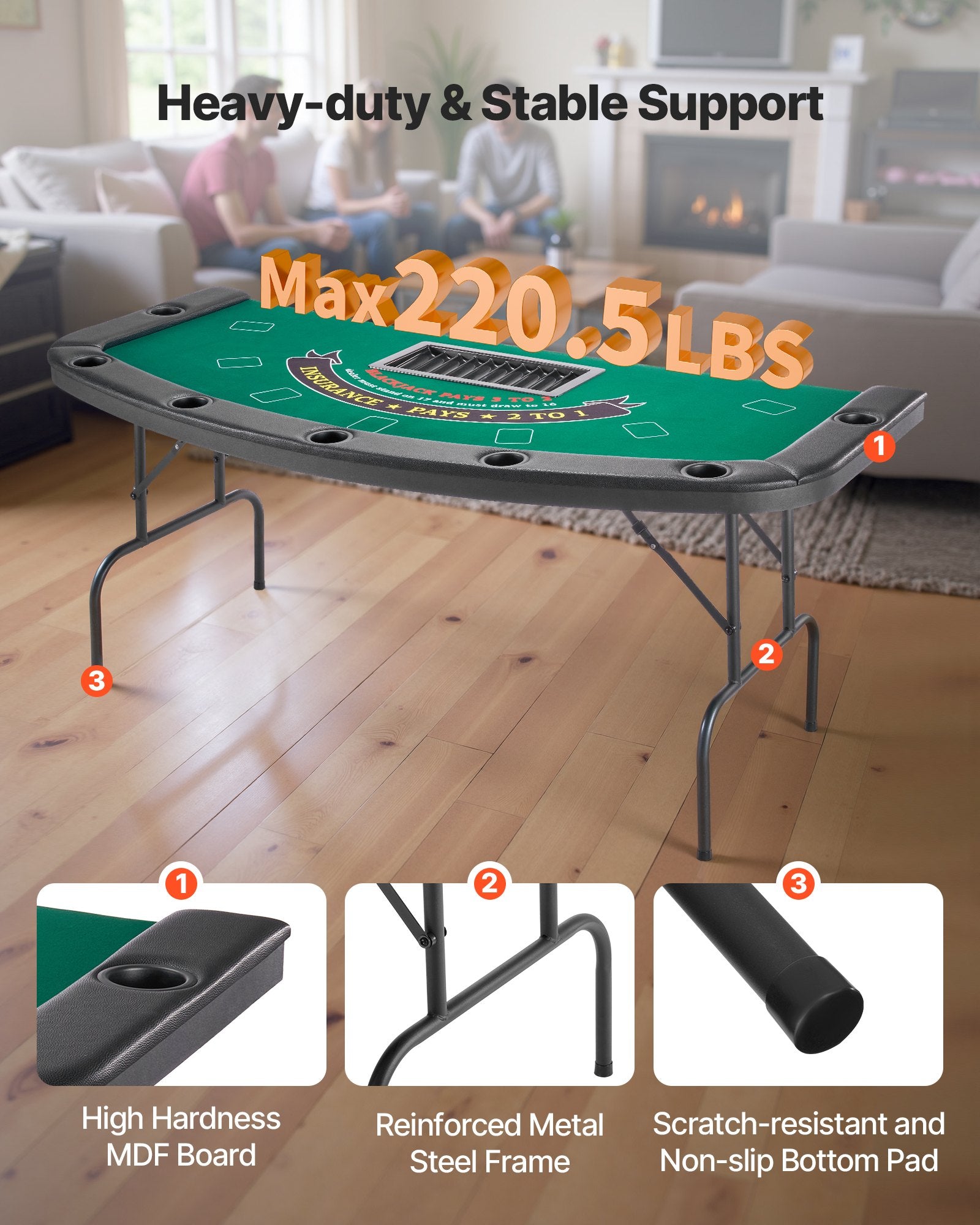 Foldable 7-Player Poker Table with Padded Rails, Cup Holders, Semi-Oval Design for Texas Hold'em & Blackjack, Portable Casino Game Table 72"