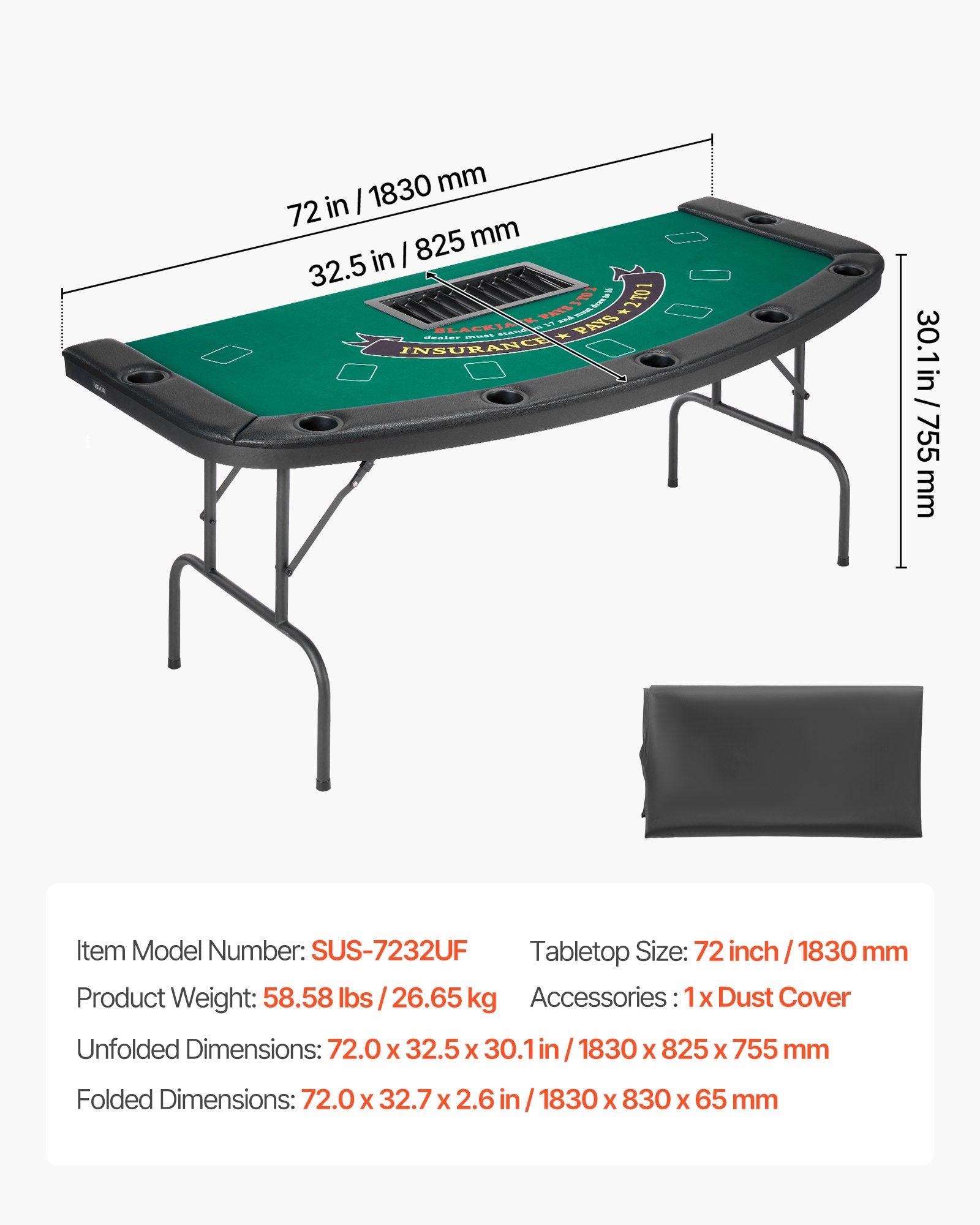 Foldable 7-Player Poker Table with Padded Rails, Cup Holders, Semi-Oval Design for Texas Hold'em & Blackjack, Portable Casino Game Table 72"