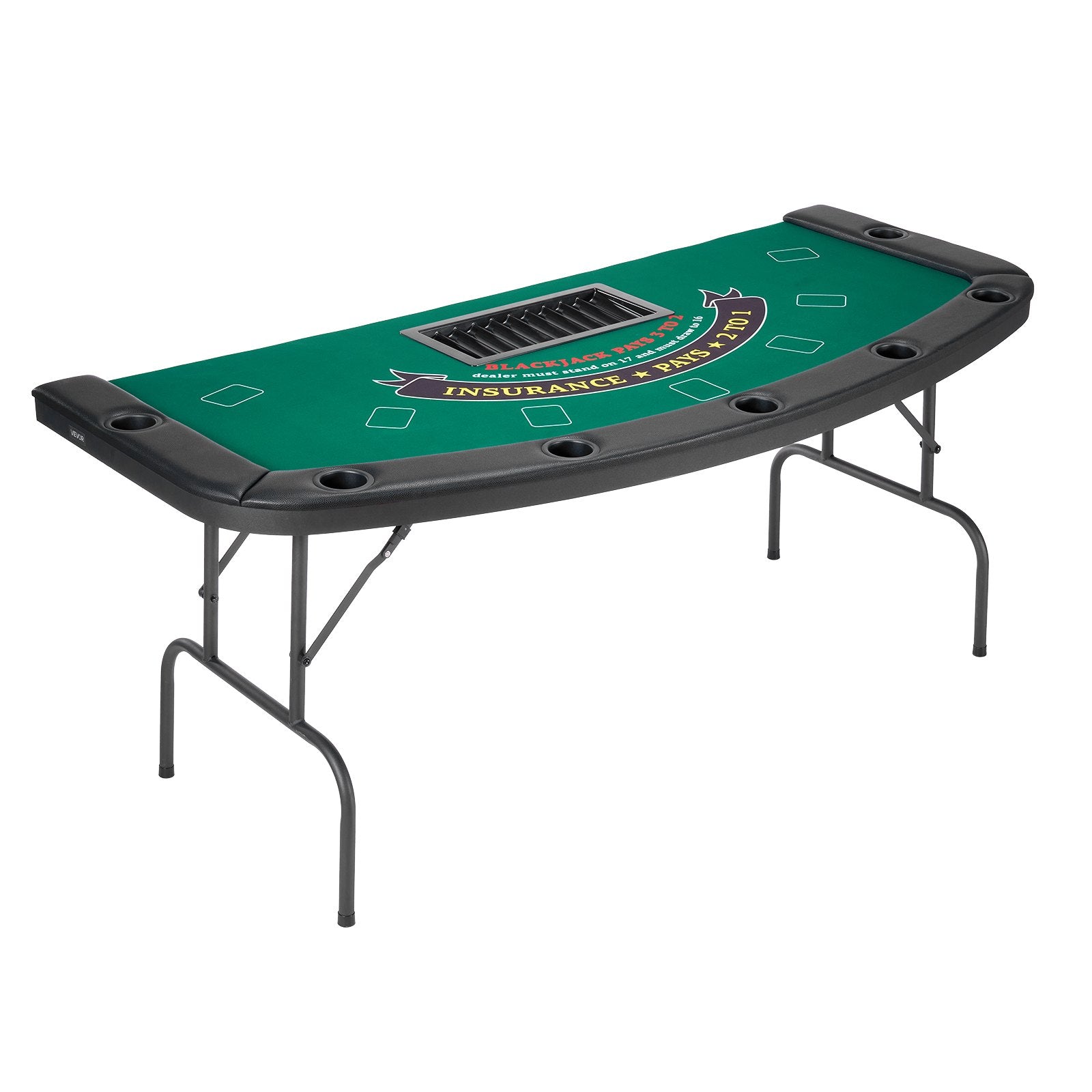 Foldable 7-Player Poker Table with Padded Rails, Cup Holders, Semi-Oval Design for Texas Hold'em & Blackjack, Portable Casino Game Table 72"