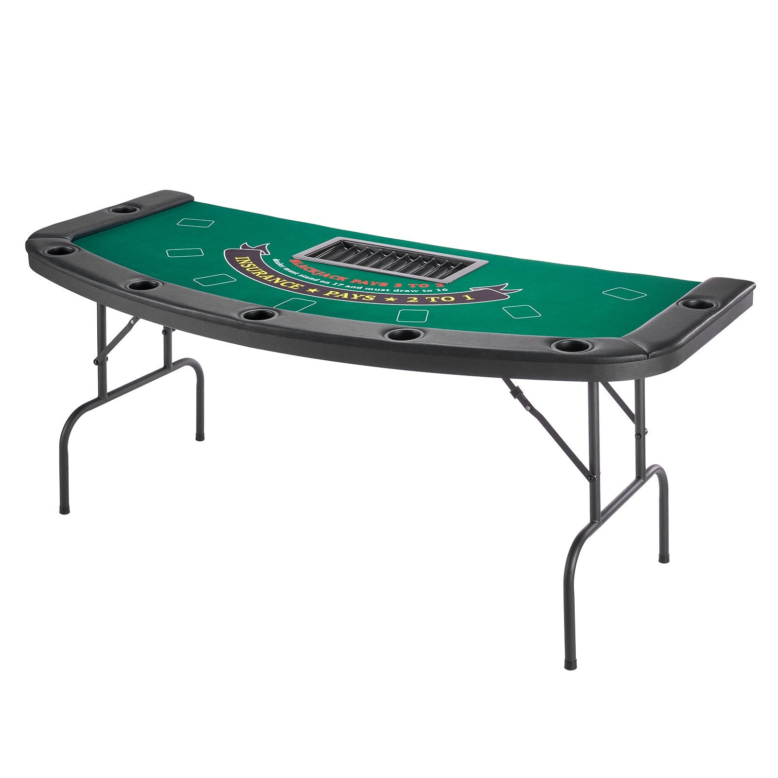 Foldable 7-Player Poker Table with Padded Rails, Cup Holders, Semi-Oval Design for Texas Hold'em & Blackjack, Portable Casino Game Table 72"