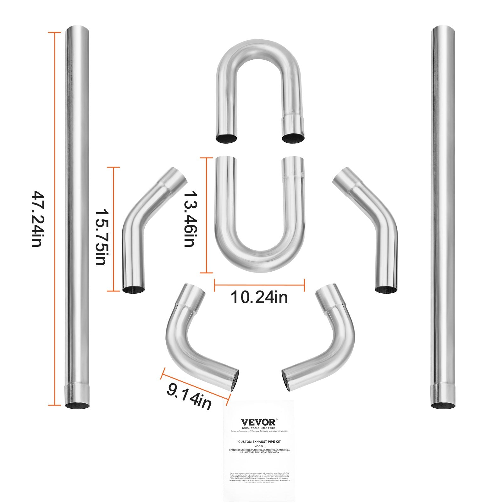 Universal DIY 8-Piece Stainless Steel Exhaust Kit with Slip-Fit Joint, Rust-Proof Tubes for Garage, Auto Repair, and Custom Sound Enhancement