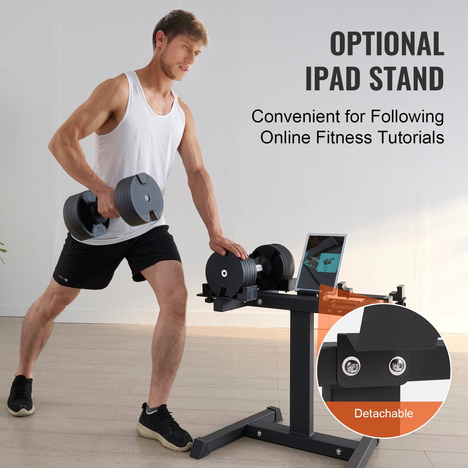 Compact Adjustable Dumbbell Stand with Media Rack - Sturdy Home Gym Weight Holder for Safe, Convenient Strength Training and Storage