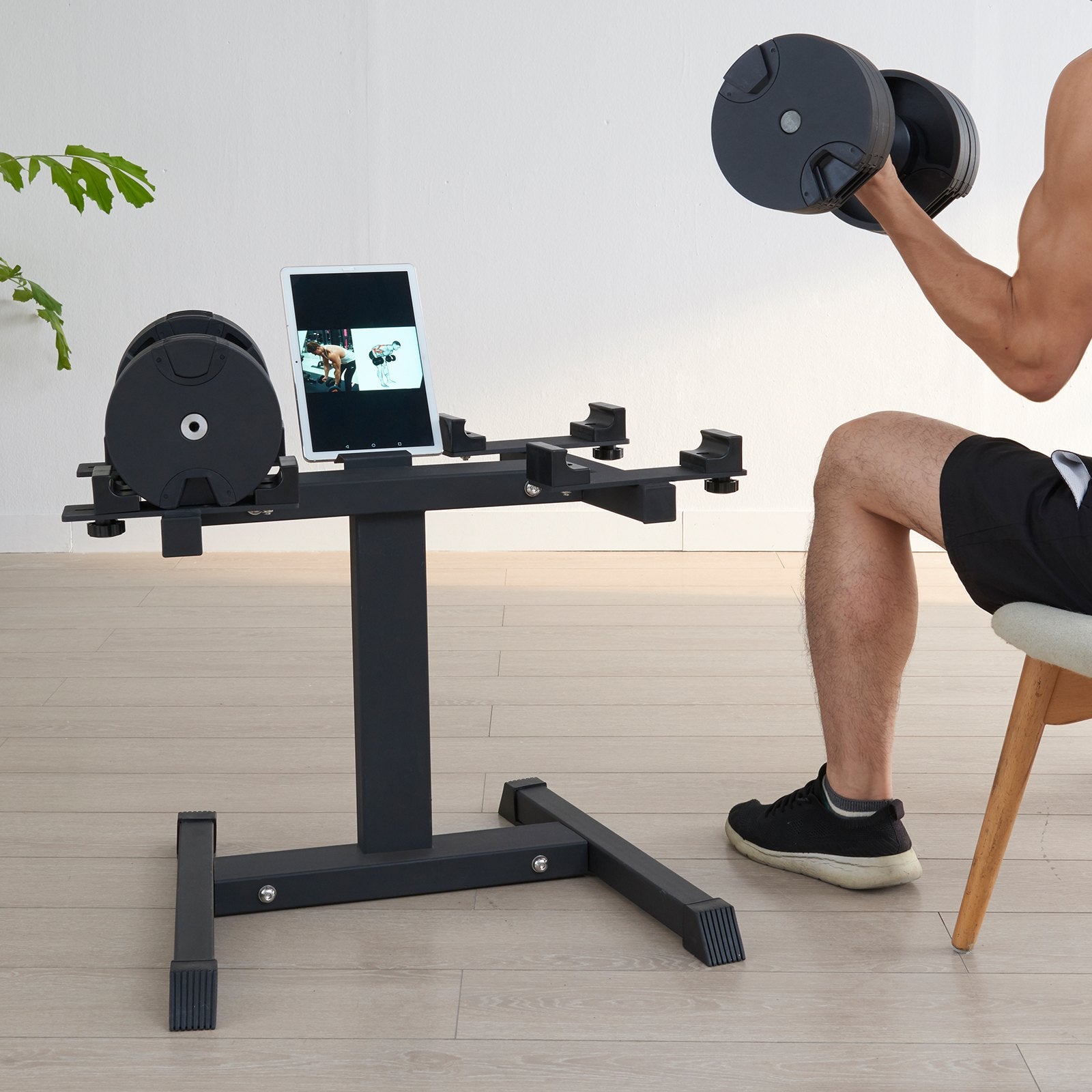 Compact Adjustable Dumbbell Stand with Media Rack - Sturdy Home Gym Weight Holder for Safe, Convenient Strength Training and Storage