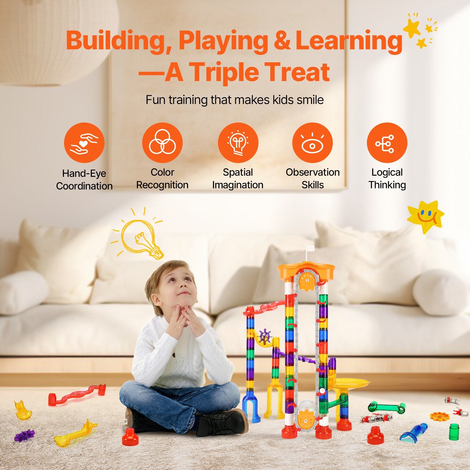 Motorized Marble Run Set for Kids 3+: 153 PCS Maze, 30 Marbles, STEM Educational Building Blocks, Brain Game, Race Track Toy