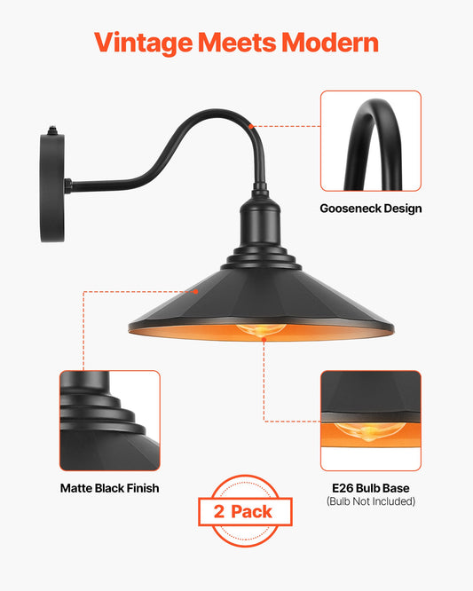 2-Pack Black Farmhouse Gooseneck Barn Light, 11.5" Dusk-to-Dawn Exterior Sconce, Anti-Rust, E26 Bulb for Porch, Garage, Entryway