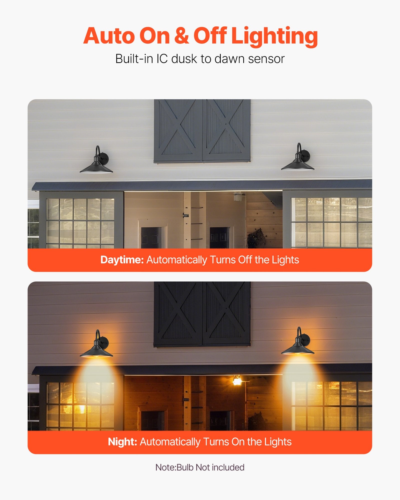 2-Pack Black Farmhouse Gooseneck Barn Light, 11.5" Dusk-to-Dawn Exterior Sconce, Anti-Rust, E26 Bulb for Porch, Garage, Entryway