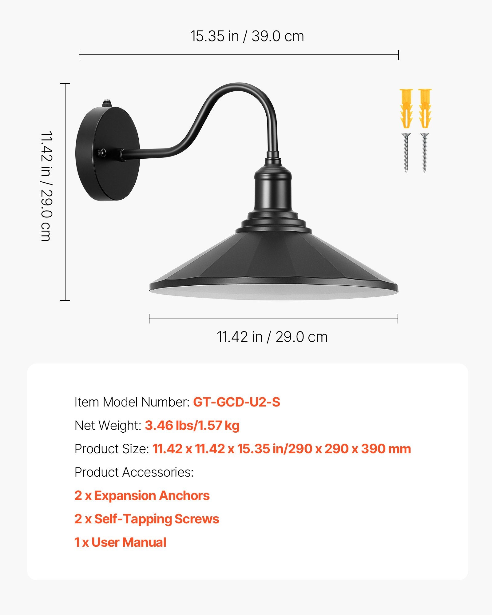 2-Pack Black Farmhouse Gooseneck Barn Light, 11.5" Dusk-to-Dawn Exterior Sconce, Anti-Rust, E26 Bulb for Porch, Garage, Entryway