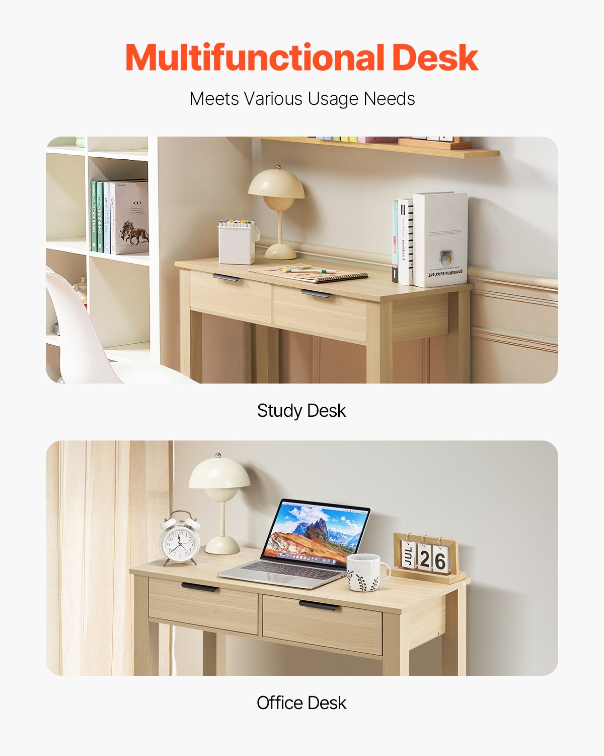 Compact Kids Desk with Storage Drawers, Modern MDF Study Table for Bedroom, Drawing, Reading, Writing, Home Office Furniture