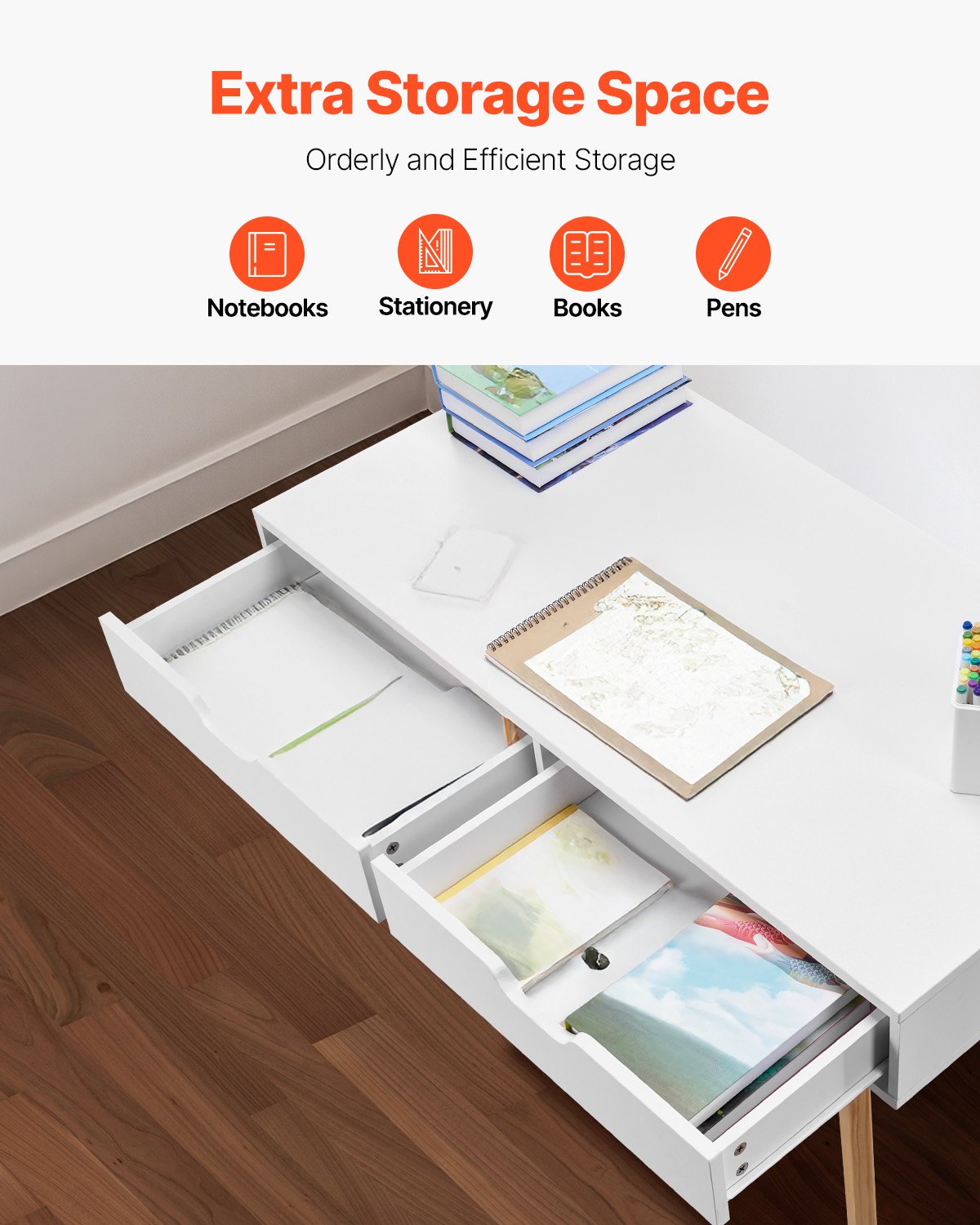 Compact Kids Desk with Storage Drawers, Wooden Study Table for Bedroom - Ideal for Drawing, Reading, Writing, Home Office, White & Wood Finish