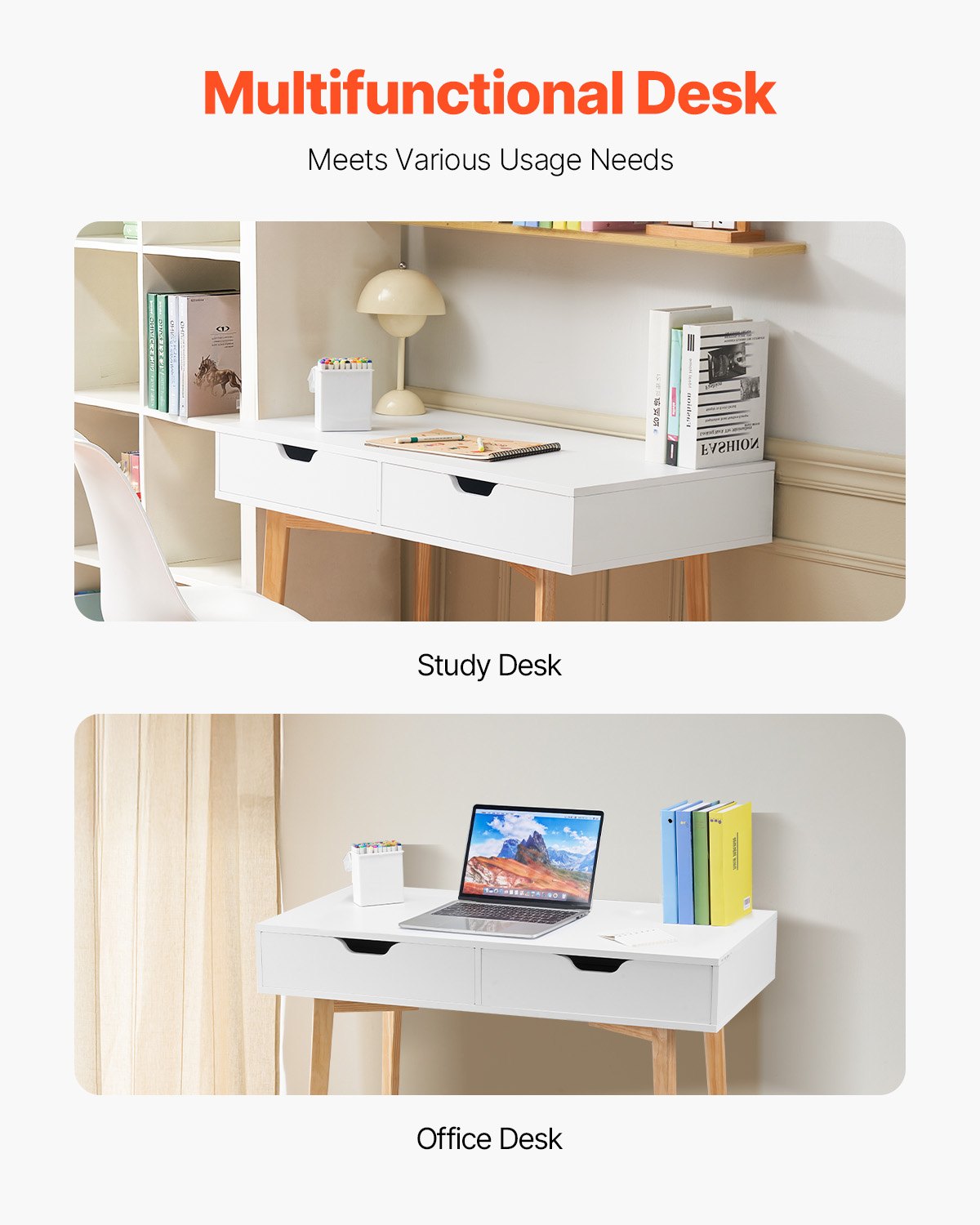 Compact Kids Desk with Storage Drawers, Wooden Study Table for Bedroom - Ideal for Drawing, Reading, Writing, Home Office, White & Wood Finish