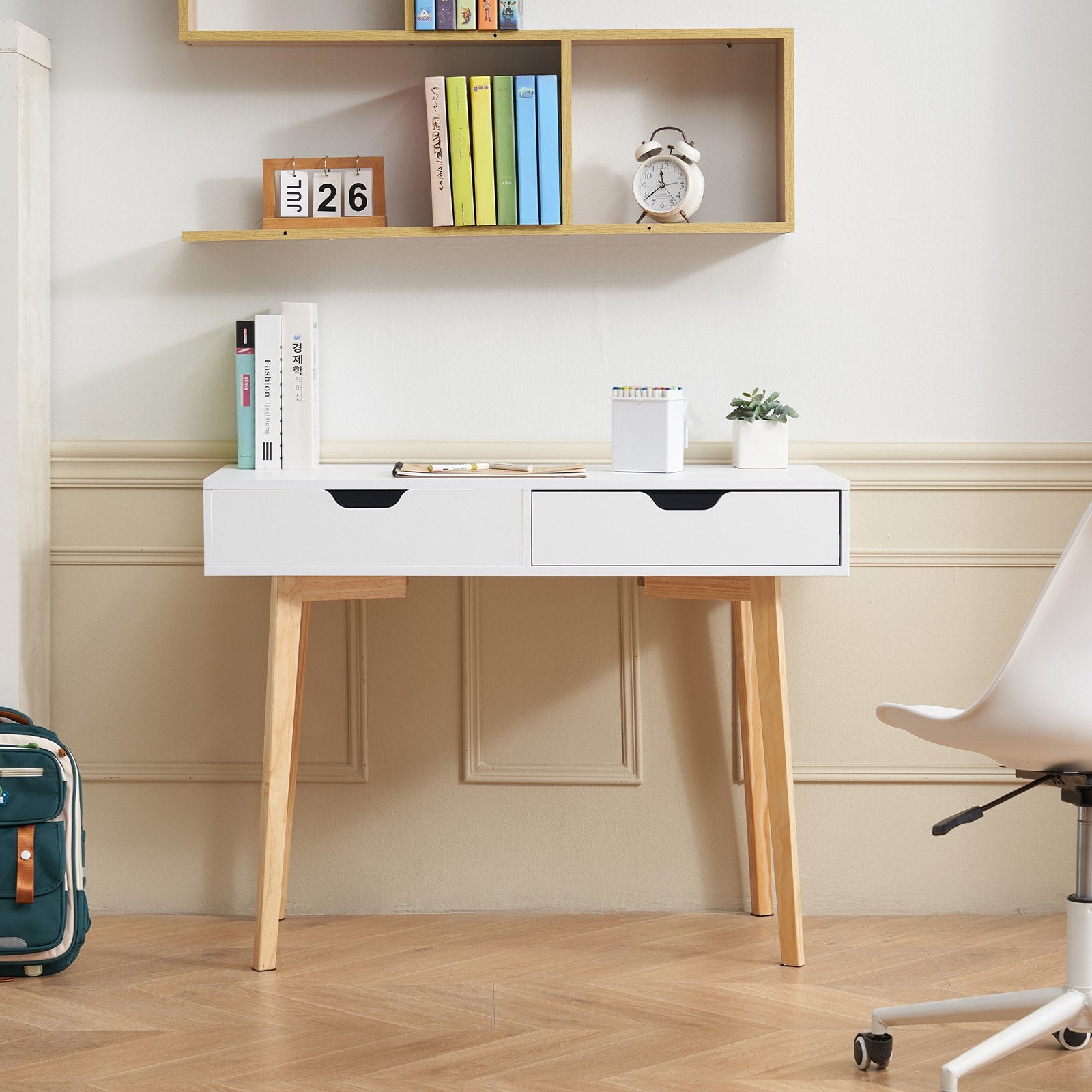 Compact Kids Desk with Storage Drawers, Wooden Study Table for Bedroom - Ideal for Drawing, Reading, Writing, Home Office, White & Wood Finish