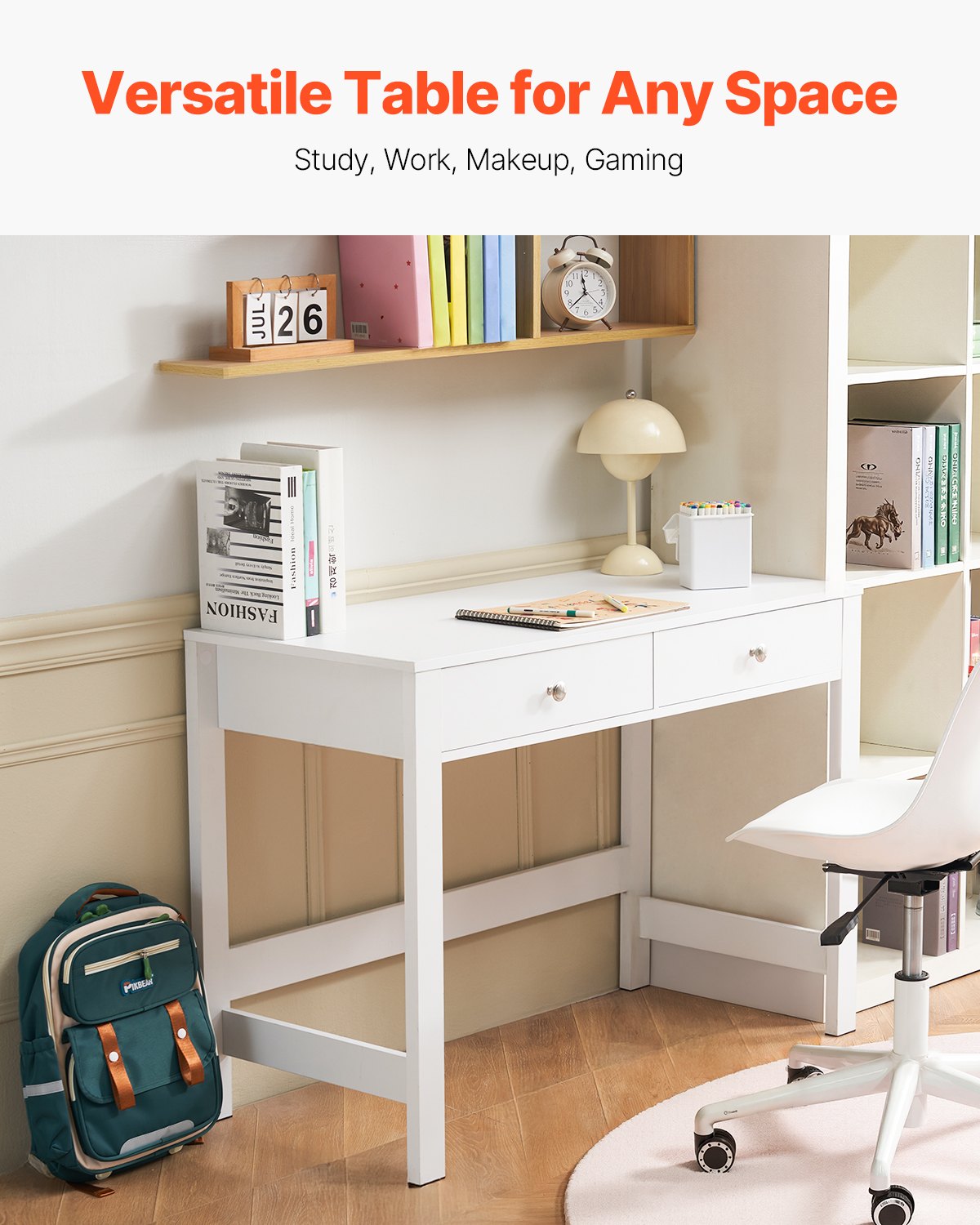 Compact White Study Desk with Drawers for Kids - Modern MDF Table for Bedroom, Home Office, Drawing, Writing, and Storage Solutions