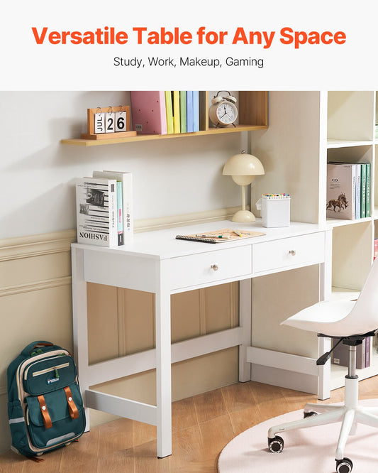 Compact White Study Desk with Drawers for Kids - Modern MDF Table for Bedroom, Home Office, Drawing, Writing, and Storage Solutions