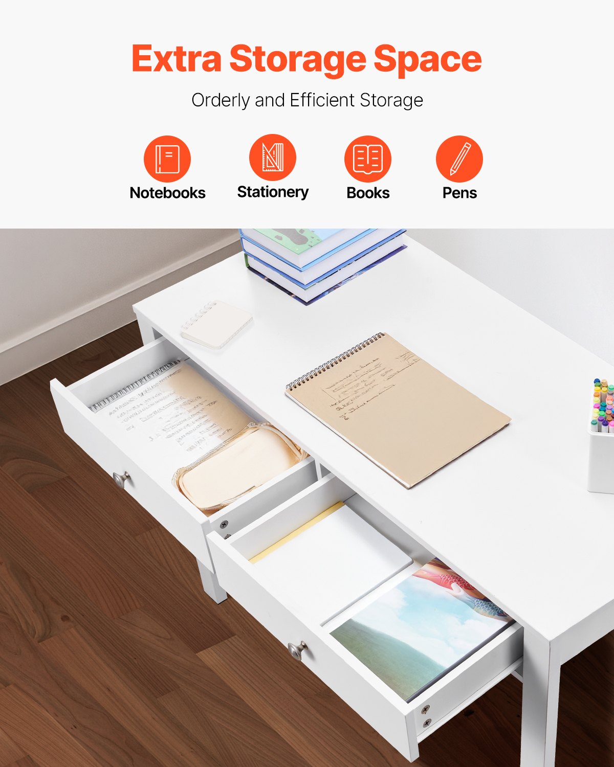 Compact White Study Desk with Drawers for Kids - Modern MDF Table for Bedroom, Home Office, Drawing, Writing, and Storage Solutions