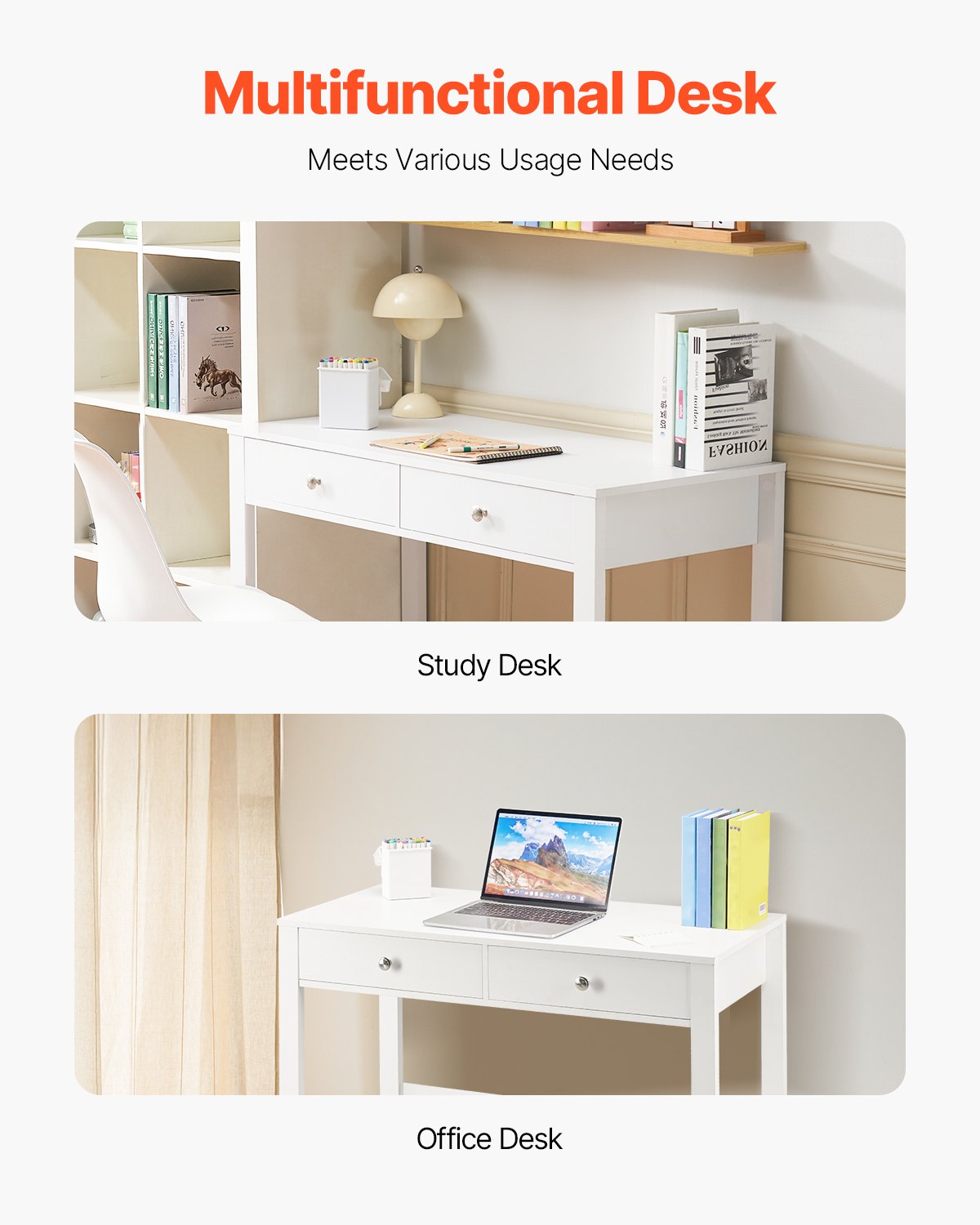 Compact White Study Desk with Drawers for Kids - Modern MDF Table for Bedroom, Home Office, Drawing, Writing, and Storage Solutions