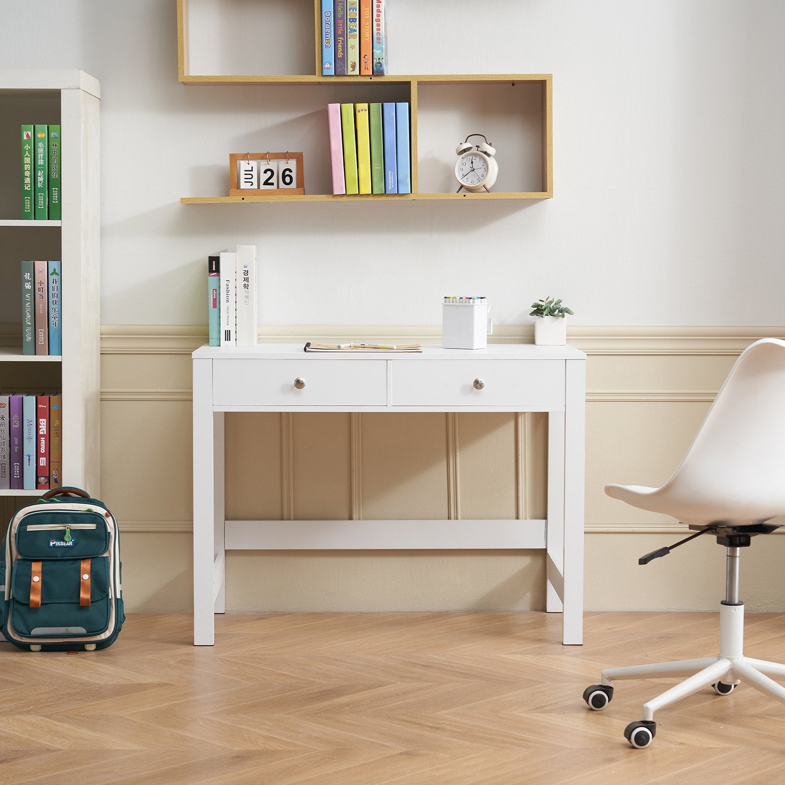 Compact White Study Desk with Drawers for Kids - Modern MDF Table for Bedroom, Home Office, Drawing, Writing, and Storage Solutions