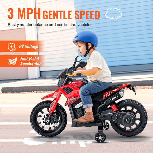 Kids Electric Motorcycle with Training Wheels, 6V Battery, LED Lights, Bluetooth, Music, Perfect Gift for Boys & Girls Ages 3-4, Red & White