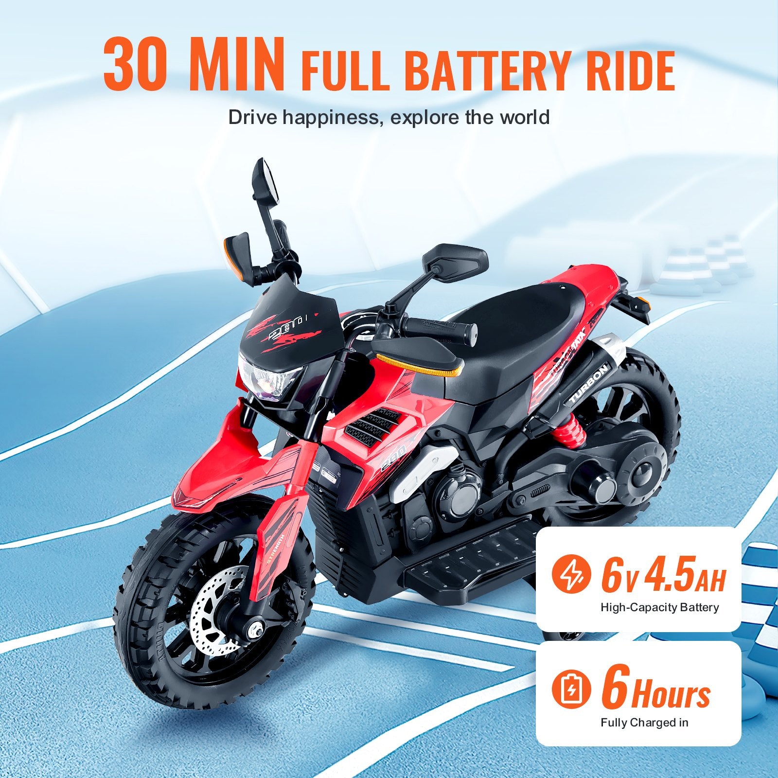 Kids Electric Motorcycle with Training Wheels, 6V Battery, LED Lights, Bluetooth, Music, Perfect Gift for Boys & Girls Ages 3-4, Red & White