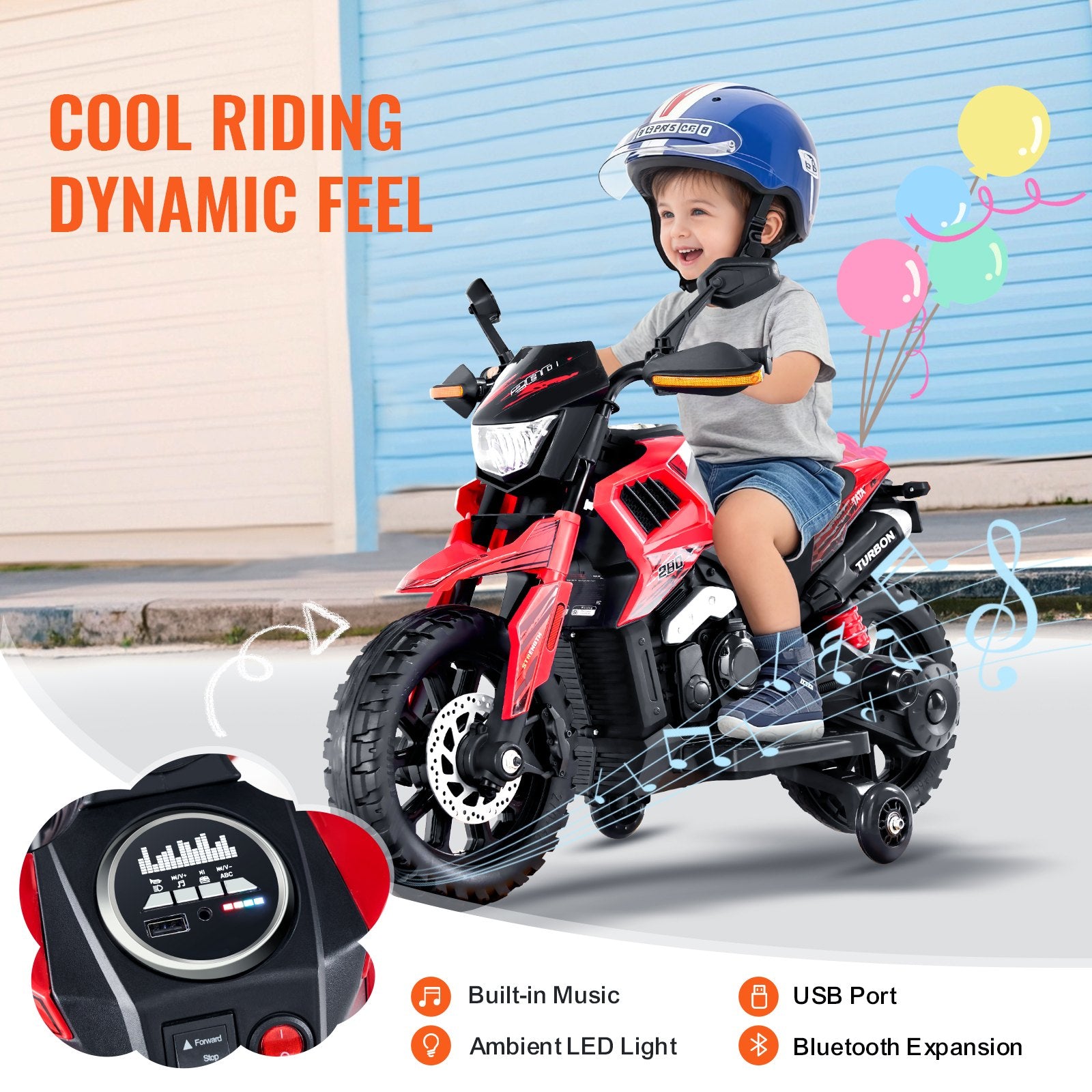 Kids Electric Motorcycle with Training Wheels, 6V Battery, LED Lights, Bluetooth, Music, Perfect Gift for Boys & Girls Ages 3-4, Red & White