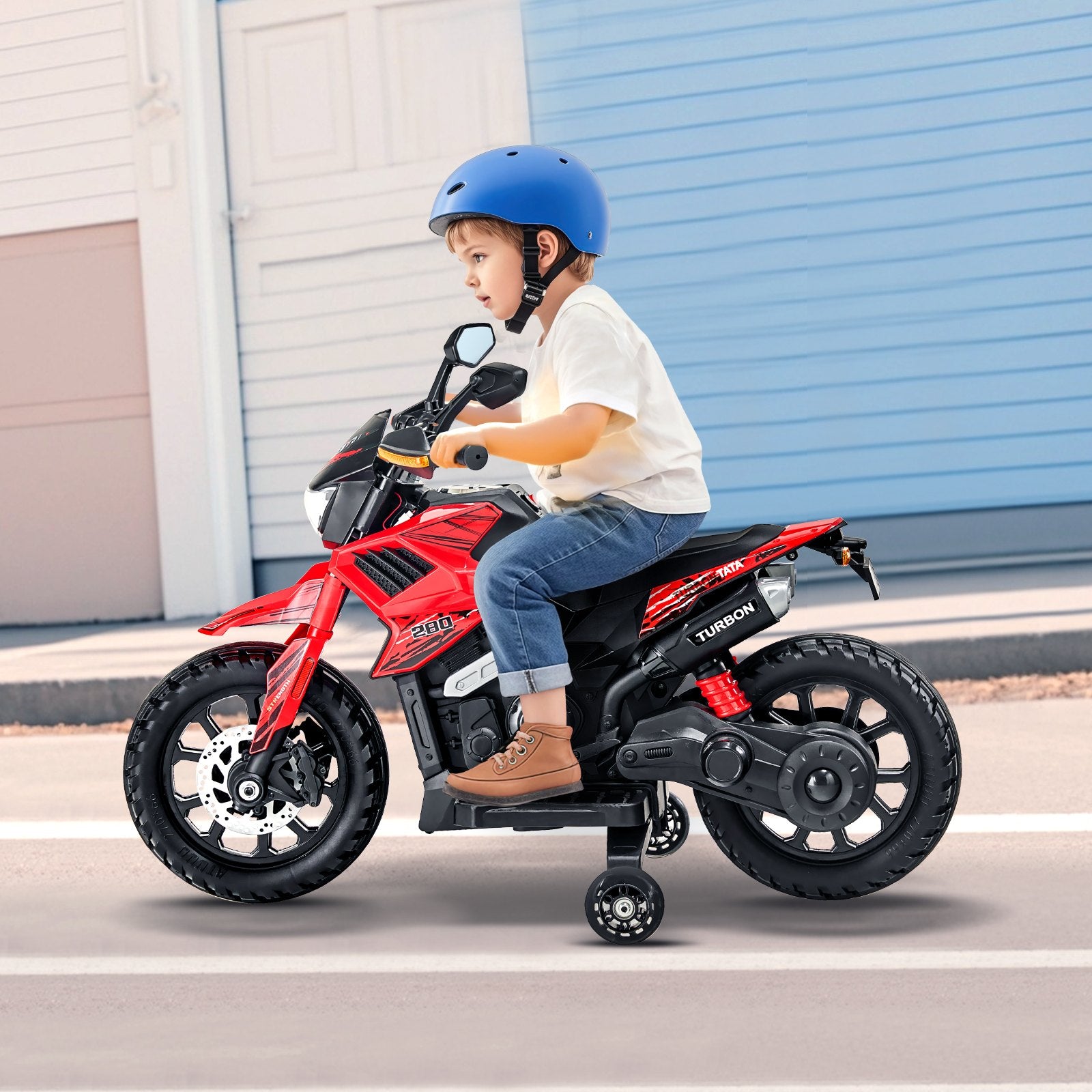 Kids Electric Motorcycle with Training Wheels, 6V Battery, LED Lights, Bluetooth, Music, Perfect Gift for Boys & Girls Ages 3-4, Red & White