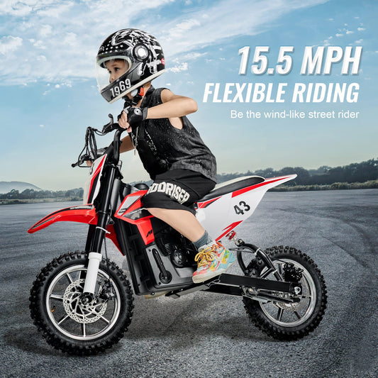 High-Speed 36V Electric Kids Motorcycle with Dual Brakes, Treaded Tires, Battery Gauge - Ride On Toy for Teens 14+, Red/Black/White