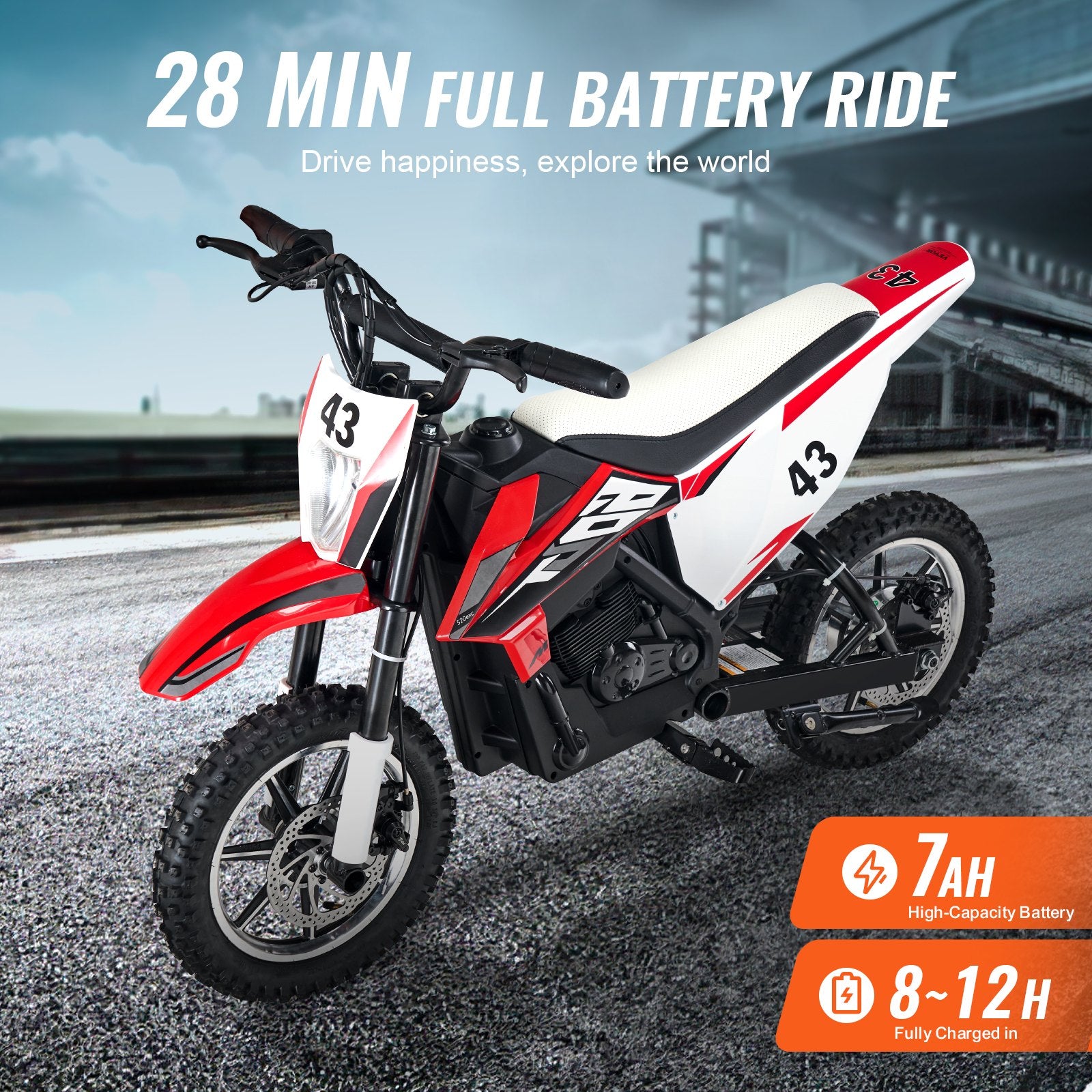 High-Speed 36V Electric Kids Motorcycle with Dual Brakes, Treaded Tires, Battery Gauge - Ride On Toy for Teens 14+, Red/Black/White