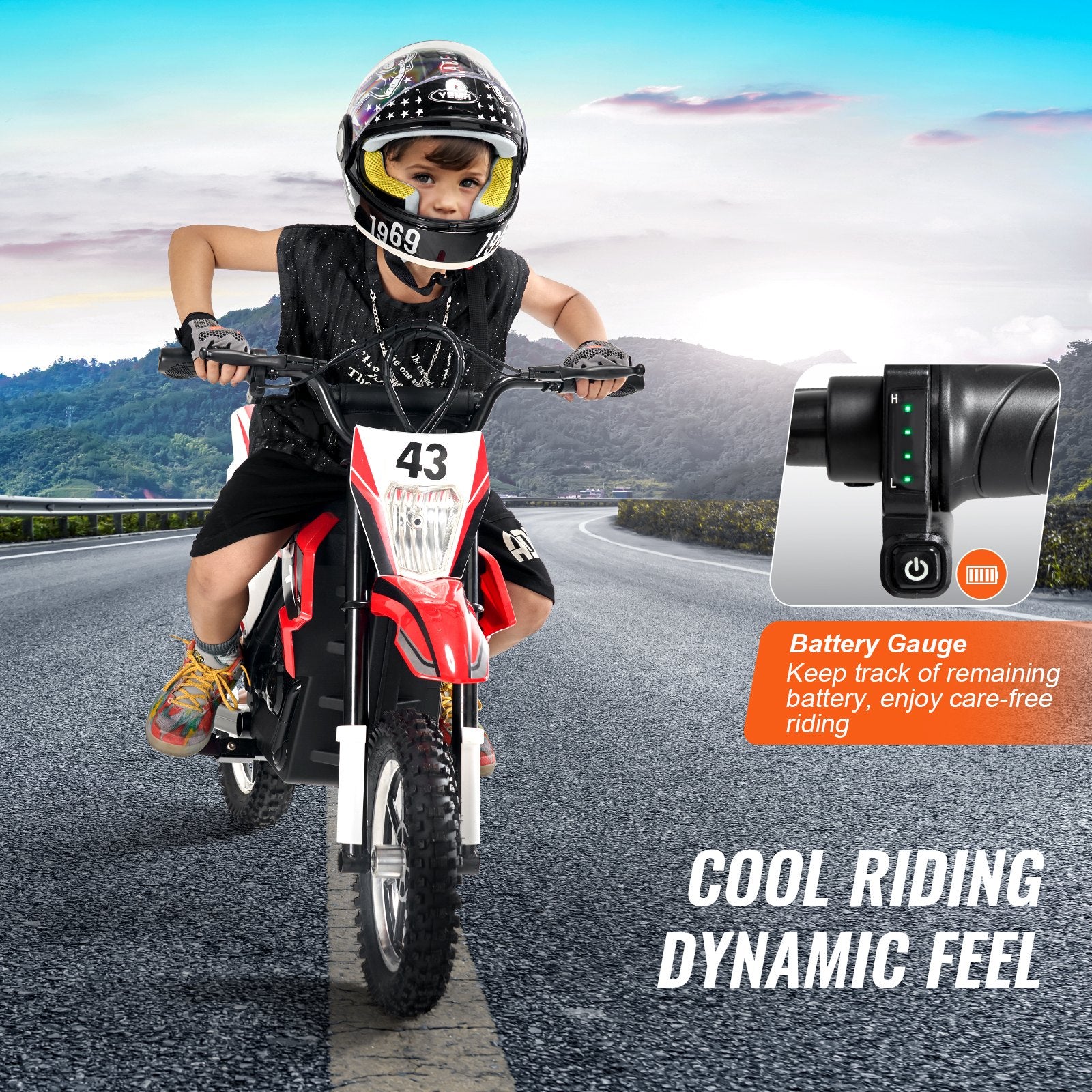 High-Speed 36V Electric Kids Motorcycle with Dual Brakes, Treaded Tires, Battery Gauge - Ride On Toy for Teens 14+, Red/Black/White