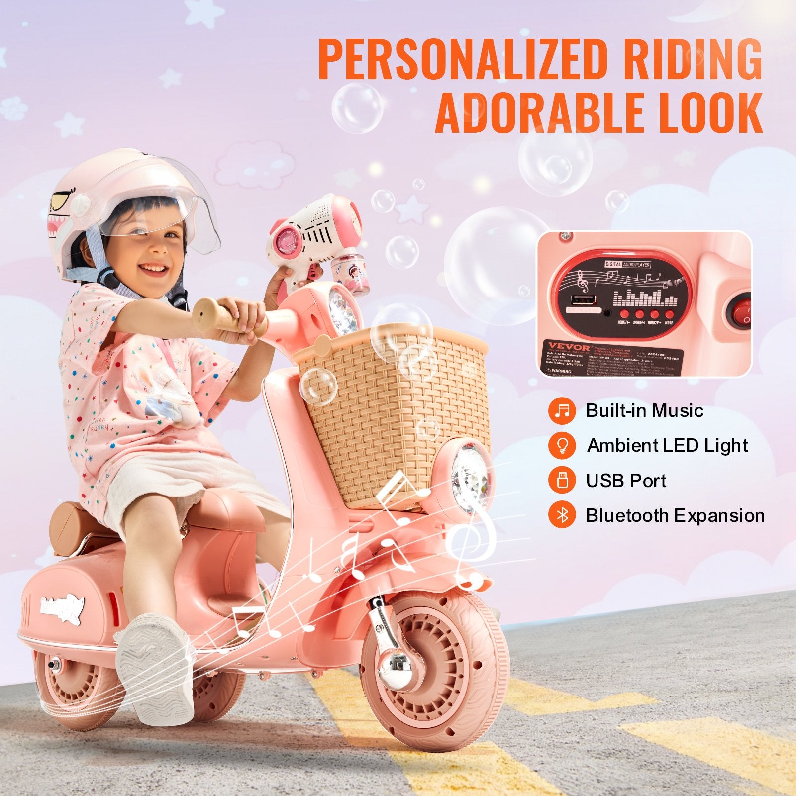 6V Battery Powered Kids Ride On Motorcycle Trike, 3-Wheel Electric Toy with Headlight, Music, Bluetooth, for Boys & Girls Ages 3-4, Perfect Gift
