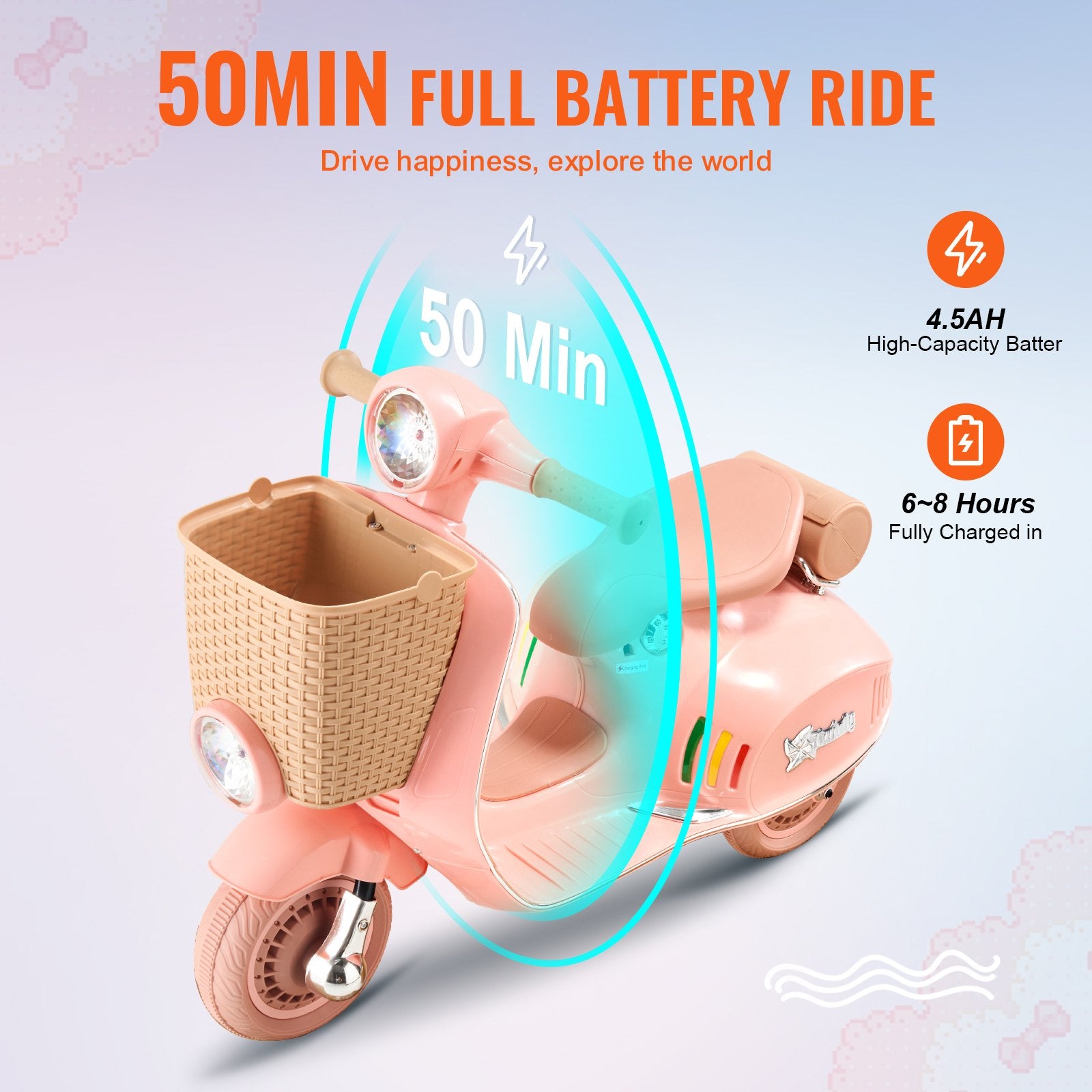 12V Electric Kids Ride On Motorcycle Trike with Bluetooth, LED Lights, Music & Basket - Safe 3-Wheel Fun for Boys & Girls Ages 3-4, Up to 2mph