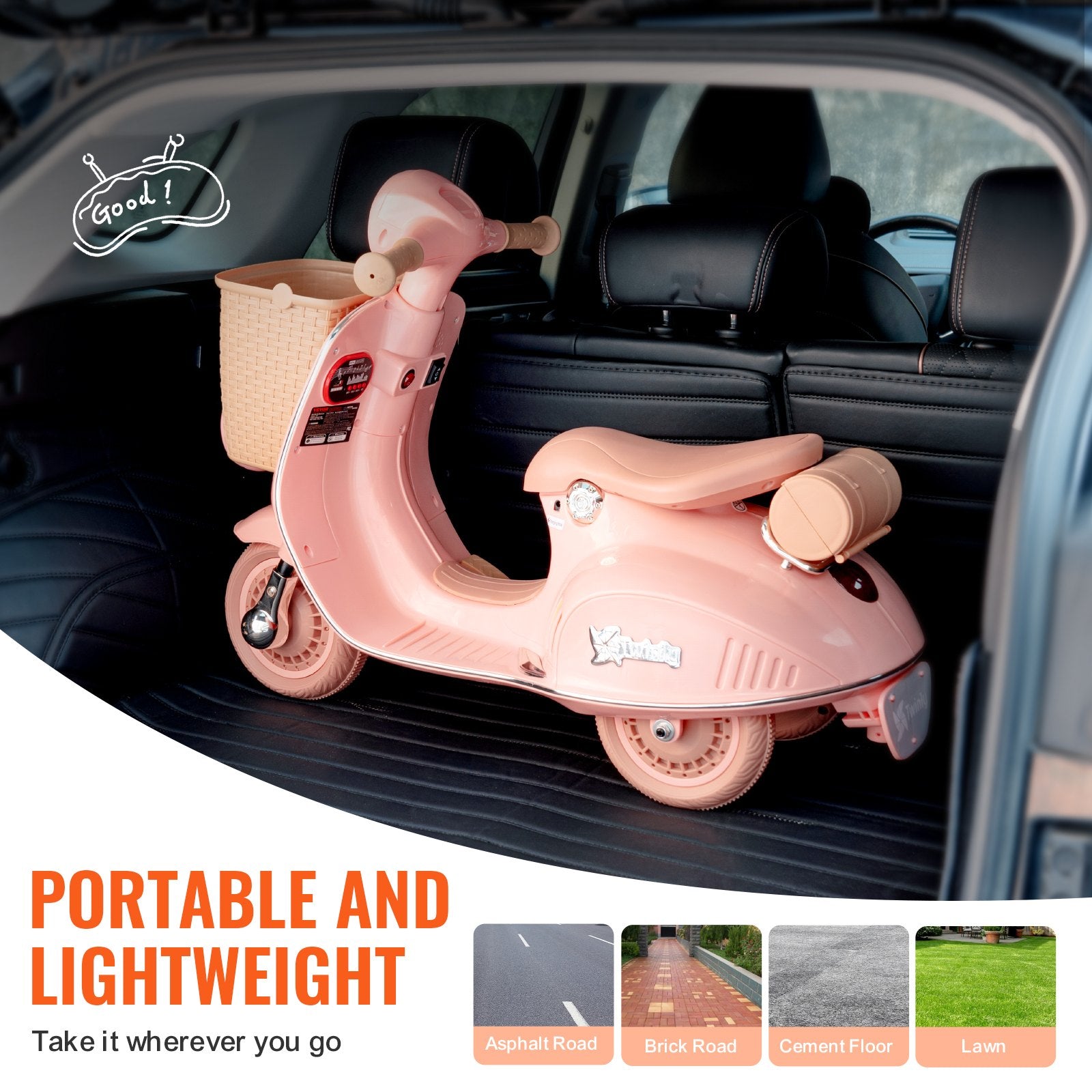 12V Electric Kids Ride On Motorcycle Trike with Bluetooth, LED Lights, Music & Basket - Safe 3-Wheel Fun for Boys & Girls Ages 3-4, Up to 2mph