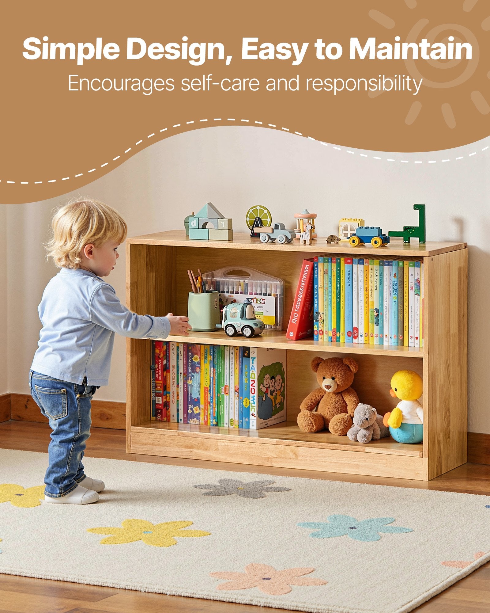 Sturdy Montessori Bookshelf & Toy Organizer for Kids - 2-Tier Wooden Display, Ideal for Bedroom, Nursery, Preschool, Daycare, Entryway Decor