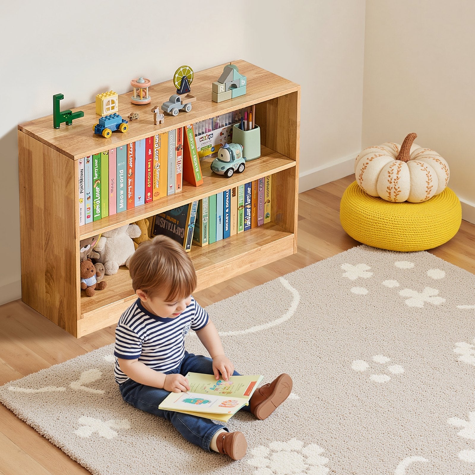 Sturdy Montessori Bookshelf & Toy Organizer for Kids - 2-Tier Wooden Display, Ideal for Bedroom, Nursery, Preschool, Daycare, Entryway Decor