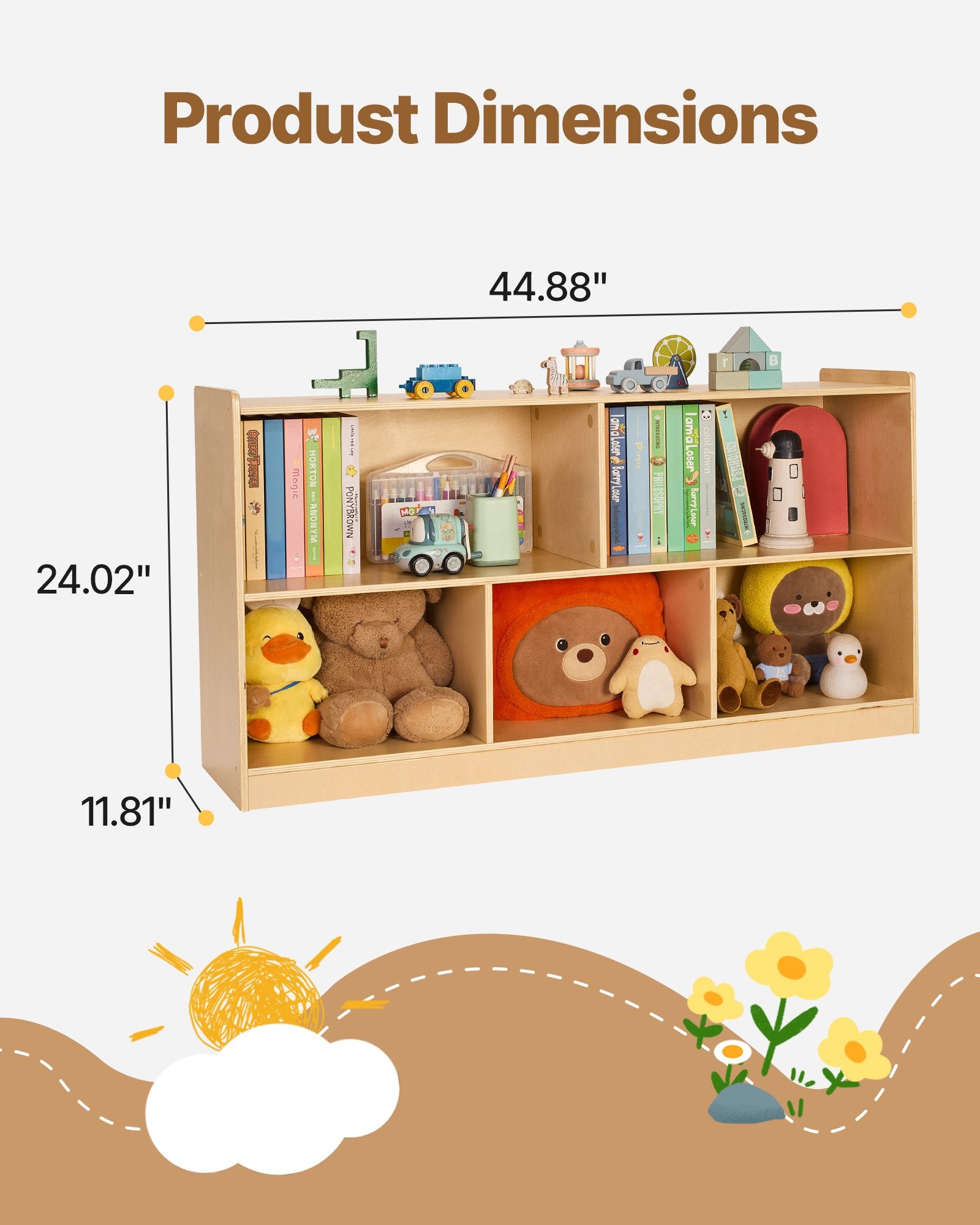 Spacious Montessori Bookshelf for Kids | 5-Section Storage Organizer, Durable Wood Cabinet for Bedroom, Nursery, Living Room, Daycare & Preschool