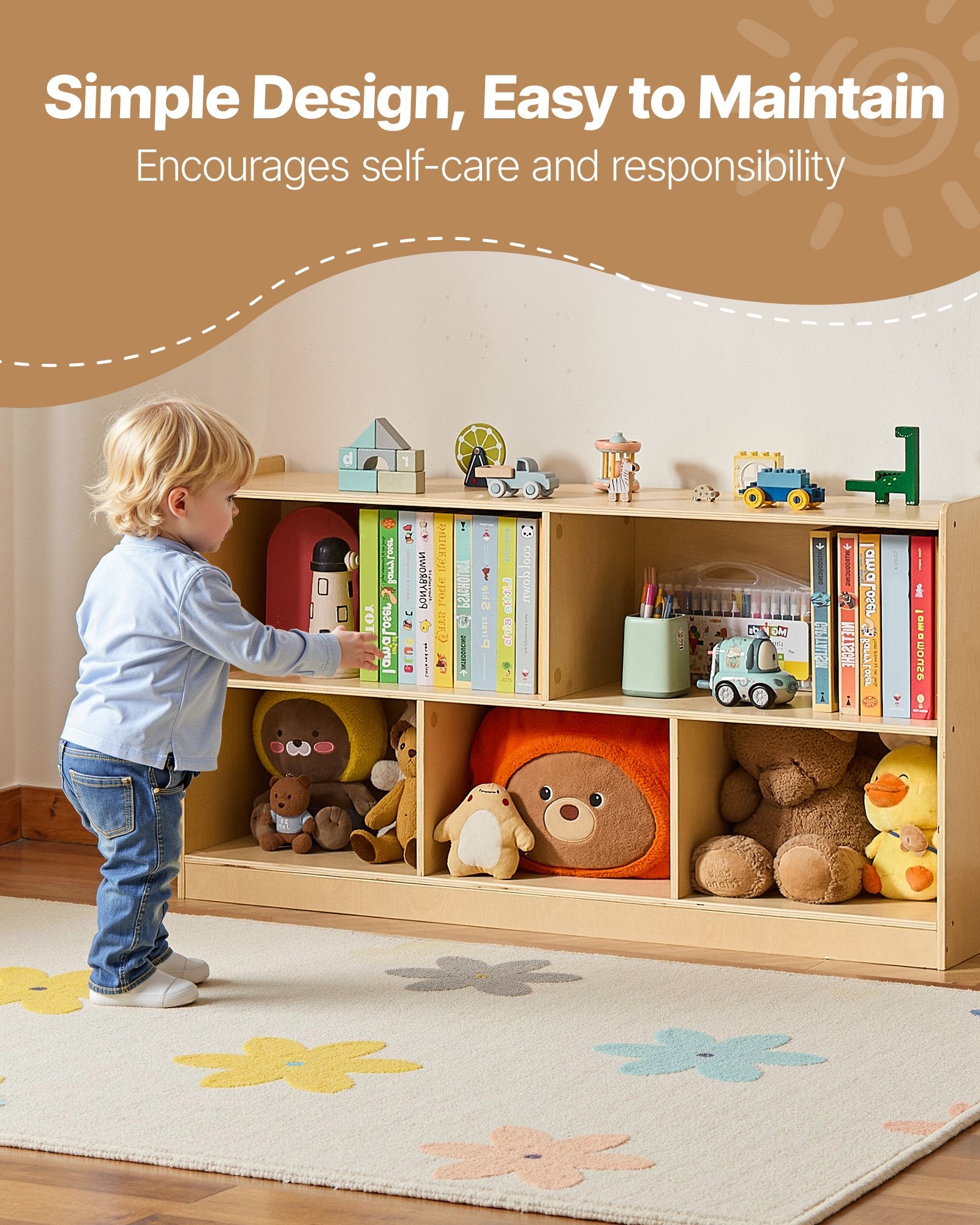 Spacious Montessori Bookshelf for Kids | 5-Section Storage Organizer, Durable Wood Cabinet for Bedroom, Nursery, Living Room, Daycare & Preschool