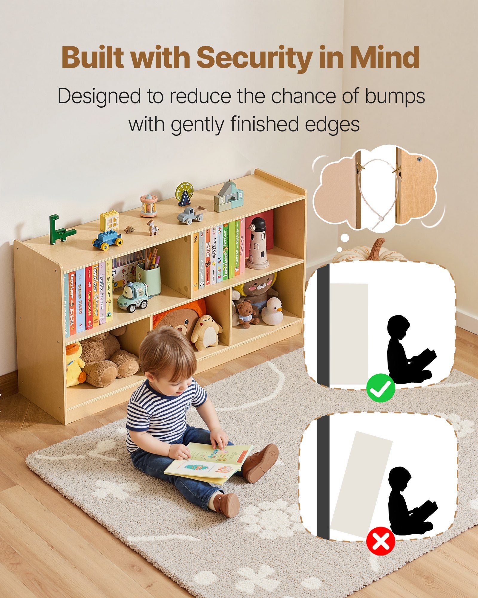 Spacious Montessori Bookshelf for Kids | 5-Section Storage Organizer, Durable Wood Cabinet for Bedroom, Nursery, Living Room, Daycare & Preschool