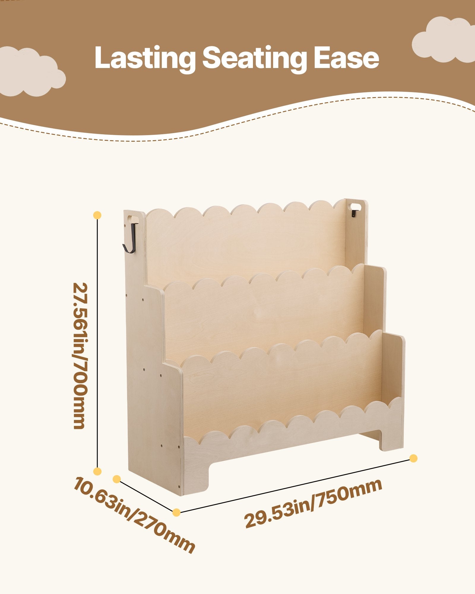 3-Tier Montessori Kids Bookshelf with Scalloped Design, Front-Facing Bookcase, Dual Backpack Hooks, Ideal for Nursery, Preschool, Entryway, or Living Room