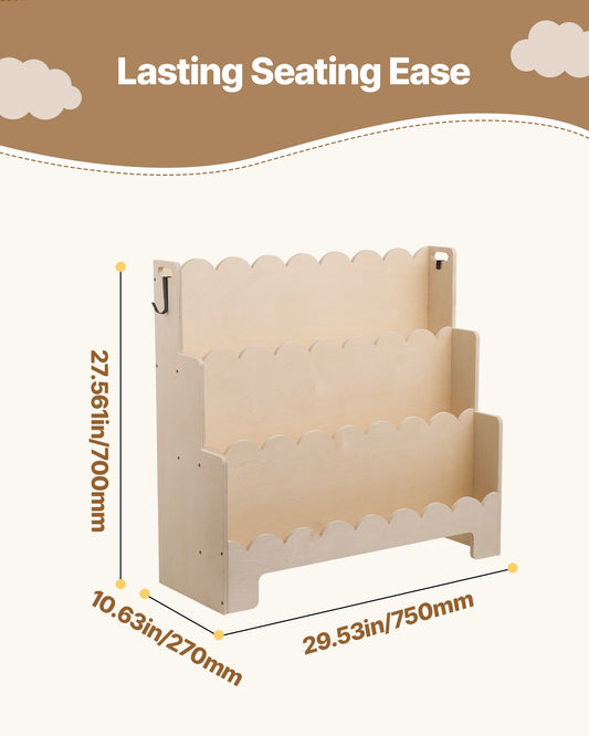 3-Tier Montessori Kids Bookshelf with Scalloped Design, Front-Facing Bookcase, Dual Backpack Hooks, Ideal for Nursery, Preschool, Entryway, or Living Room