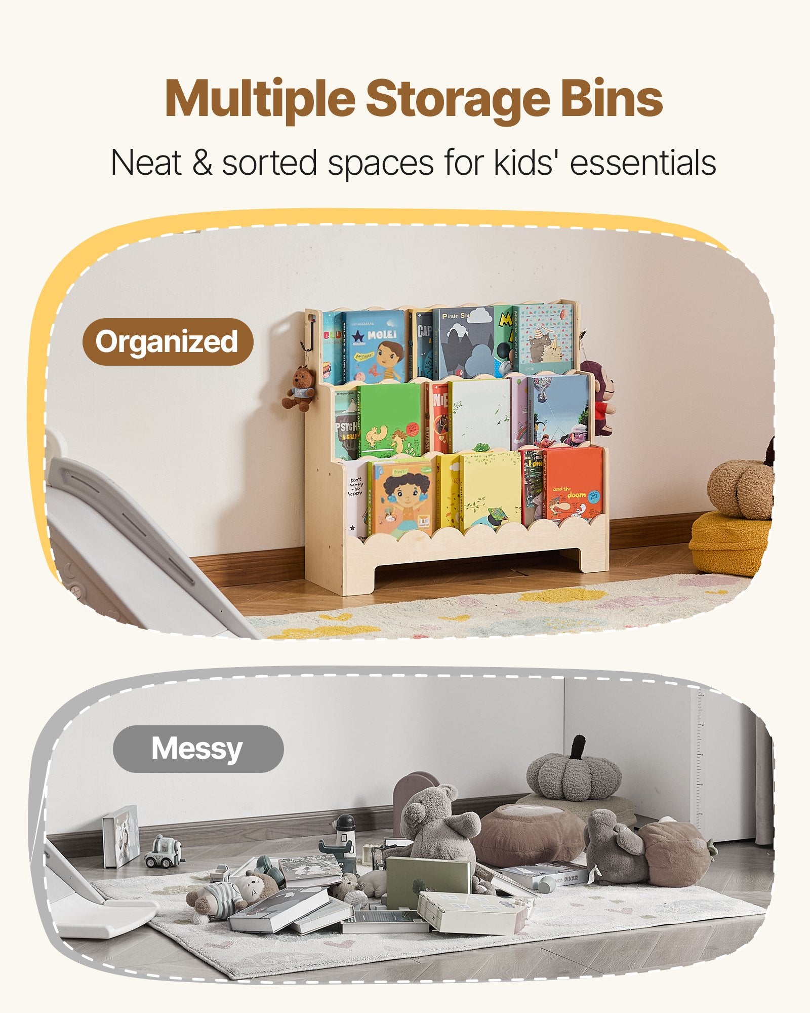3-Tier Montessori Kids Bookshelf with Scalloped Design, Front-Facing Bookcase, Dual Backpack Hooks, Ideal for Nursery, Preschool, Entryway, or Living Room