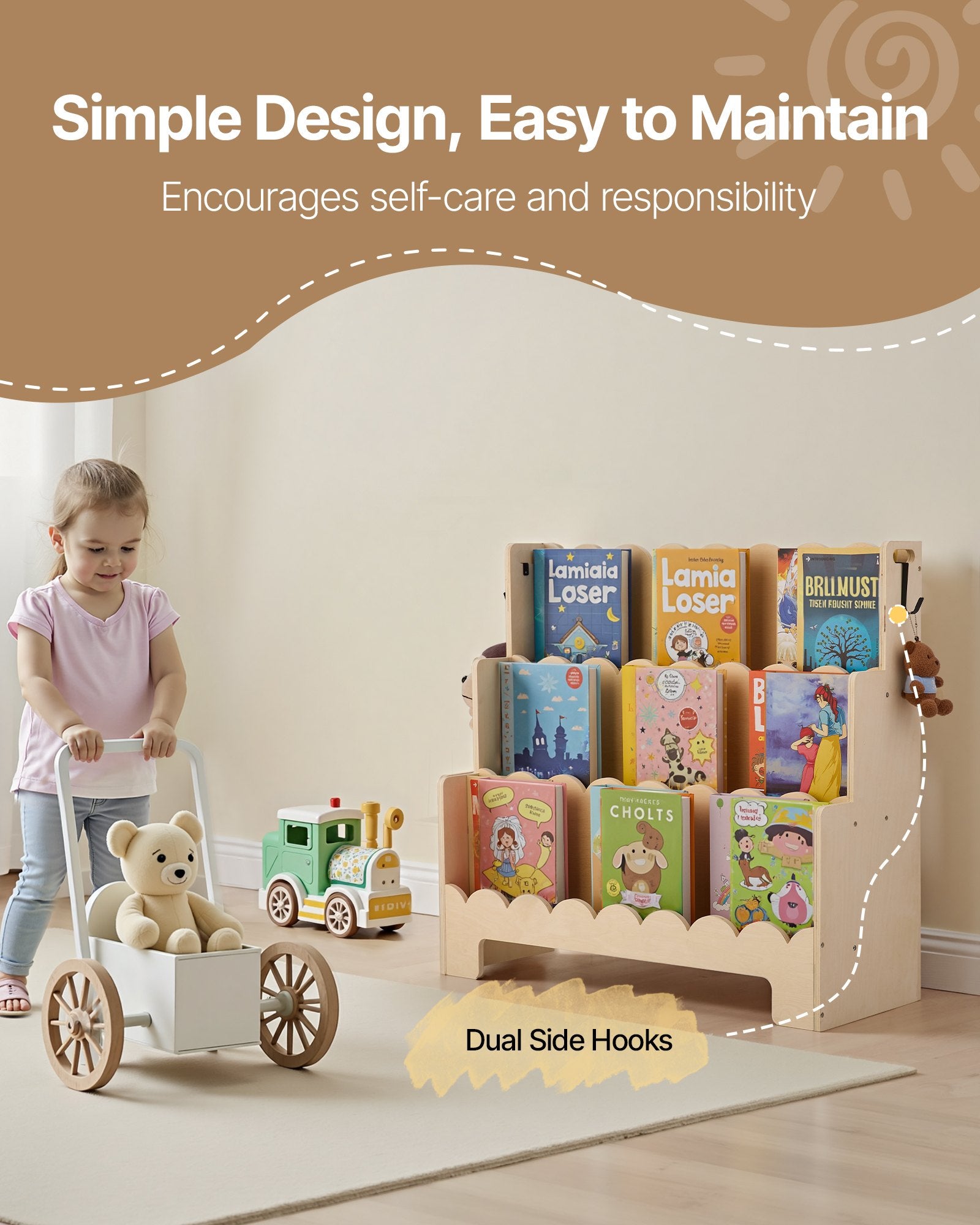 3-Tier Montessori Kids Bookshelf with Scalloped Design, Front-Facing Bookcase, Dual Backpack Hooks, Ideal for Nursery, Preschool, Entryway, or Living Room