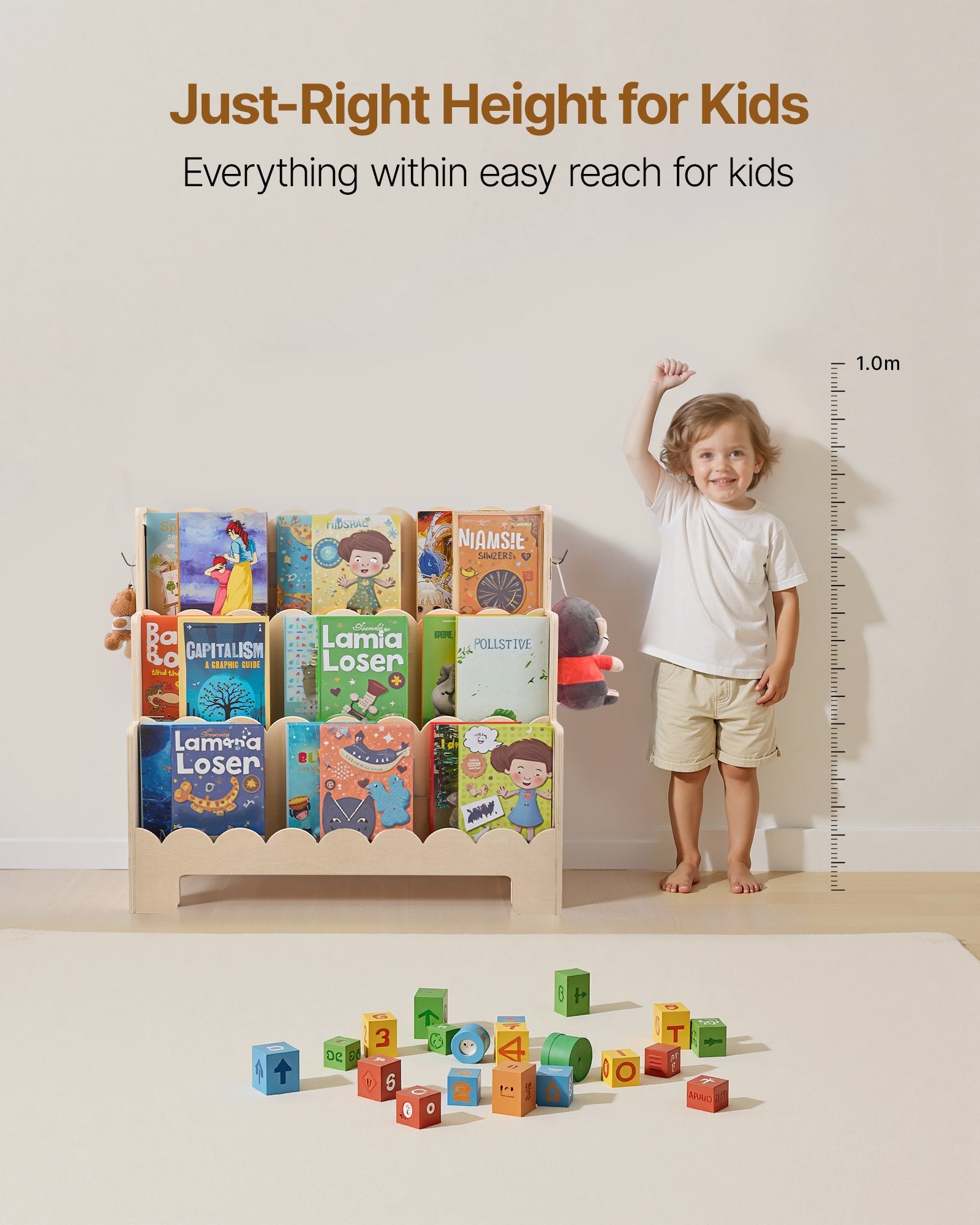 3-Tier Montessori Kids Bookshelf with Scalloped Design, Front-Facing Bookcase, Dual Backpack Hooks, Ideal for Nursery, Preschool, Entryway, or Living Room