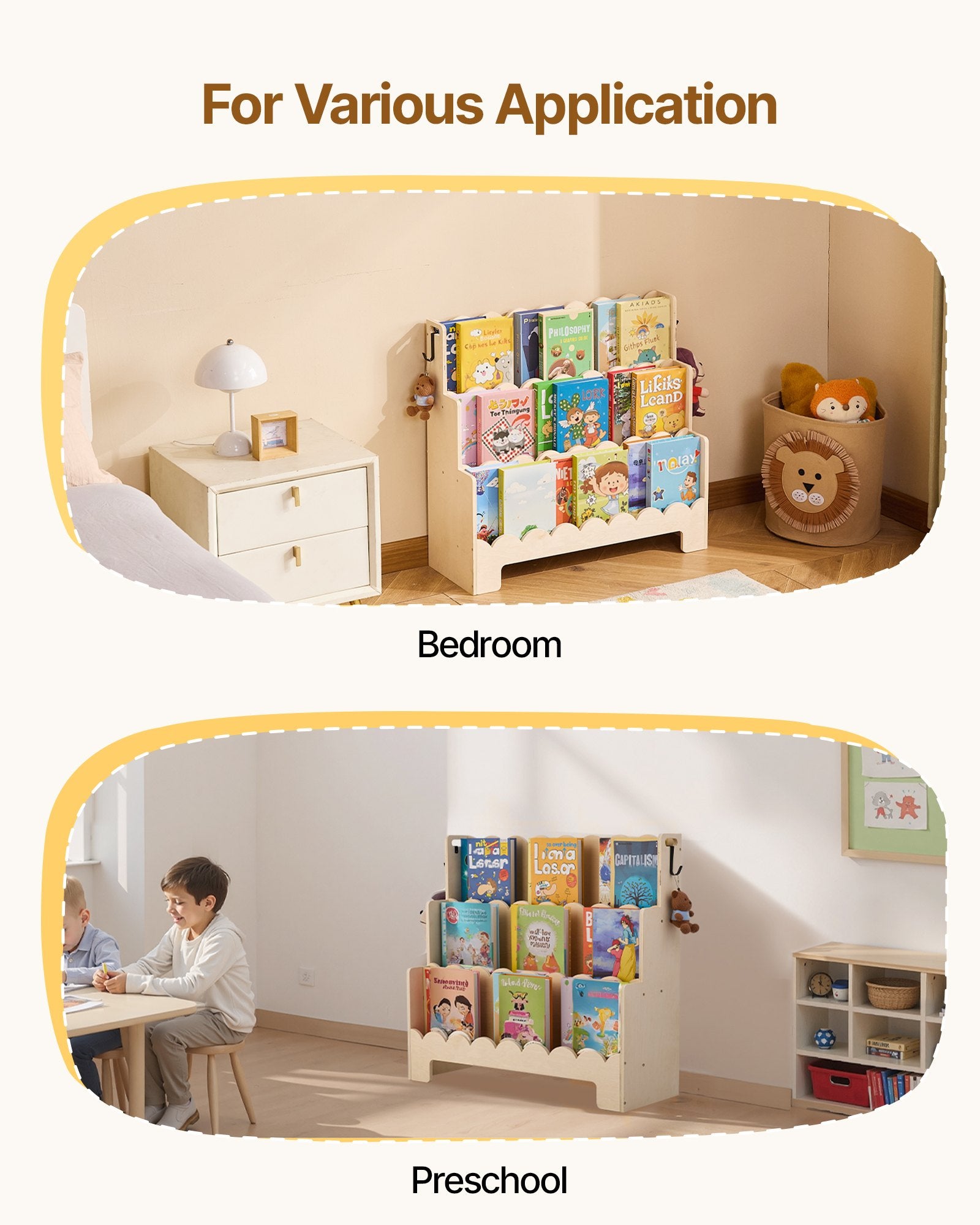 3-Tier Montessori Kids Bookshelf with Scalloped Design, Front-Facing Bookcase, Dual Backpack Hooks, Ideal for Nursery, Preschool, Entryway, or Living Room