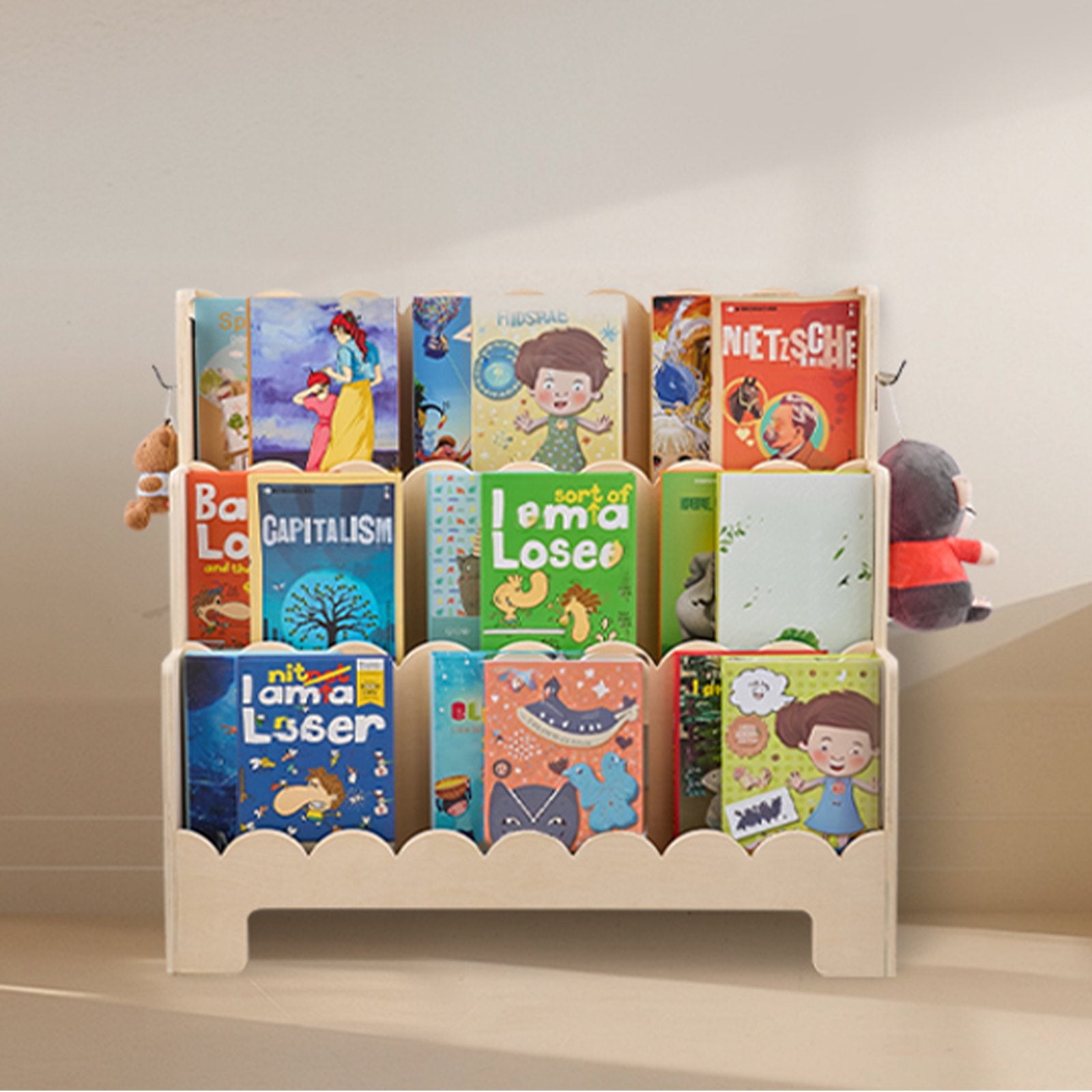 3-Tier Montessori Kids Bookshelf with Scalloped Design, Front-Facing Bookcase, Dual Backpack Hooks, Ideal for Nursery, Preschool, Entryway, or Living Room