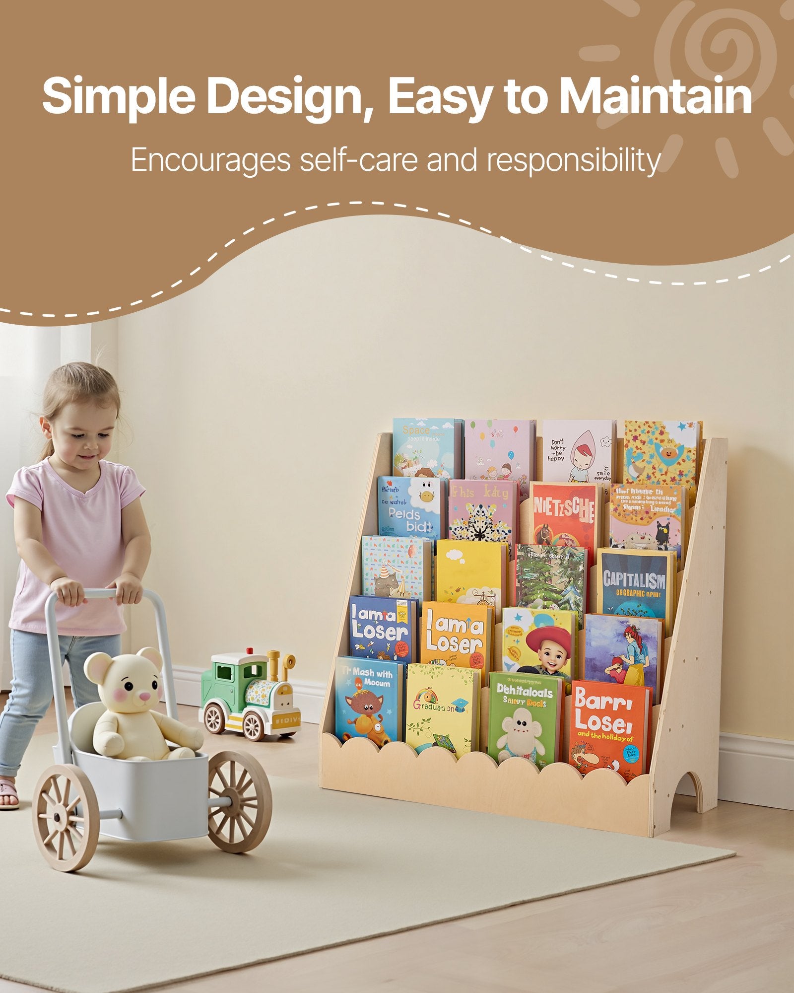5-Tier Montessori Kids Bookshelf with Scalloped Design, Dual Backpack Hooks, Ideal for Toddlers' Rooms, Preschools, Nurseries, and Entryways