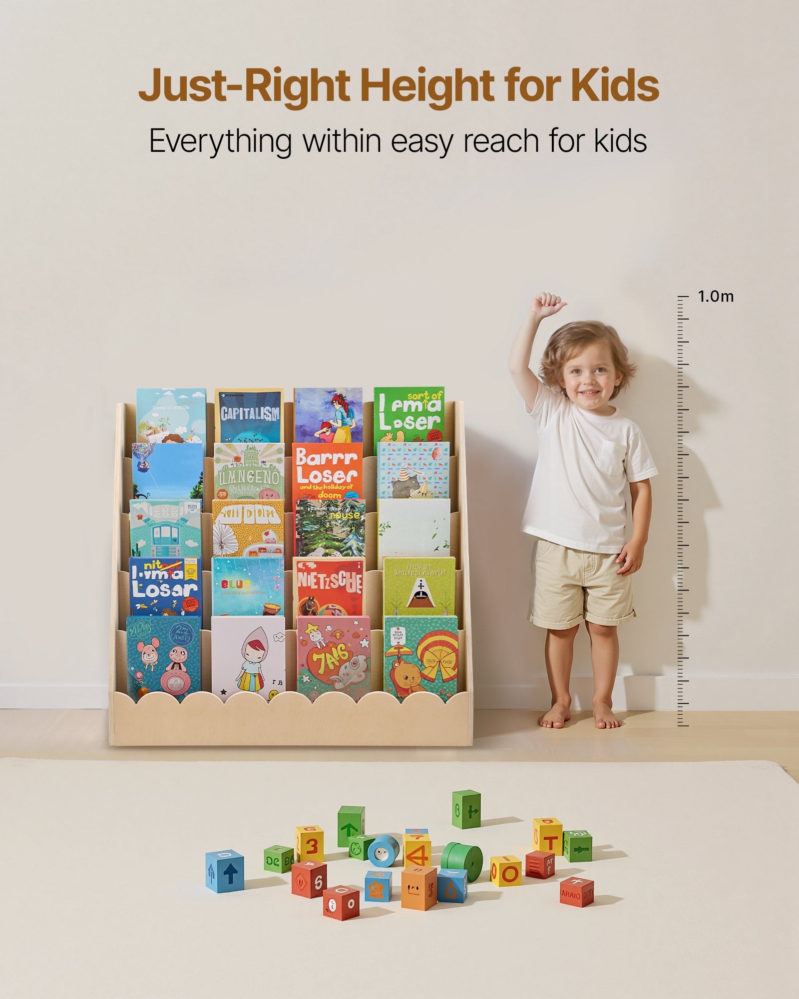 5-Tier Montessori Kids Bookshelf with Scalloped Design, Dual Backpack Hooks, Ideal for Toddlers' Rooms, Preschools, Nurseries, and Entryways