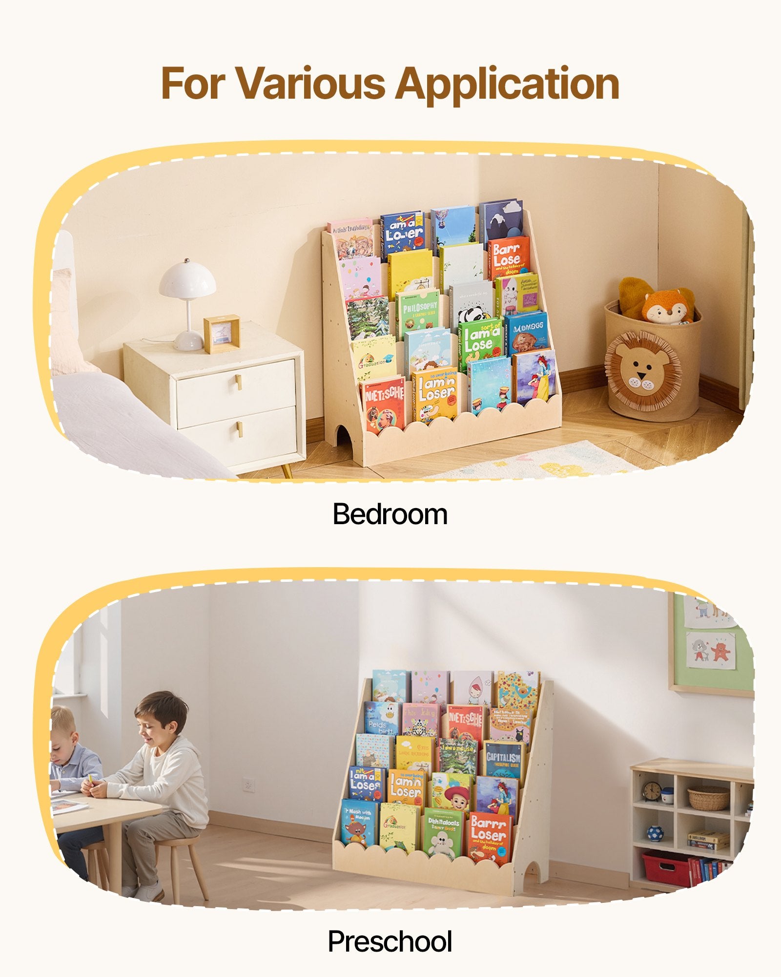 5-Tier Montessori Kids Bookshelf with Scalloped Design, Dual Backpack Hooks, Ideal for Toddlers' Rooms, Preschools, Nurseries, and Entryways