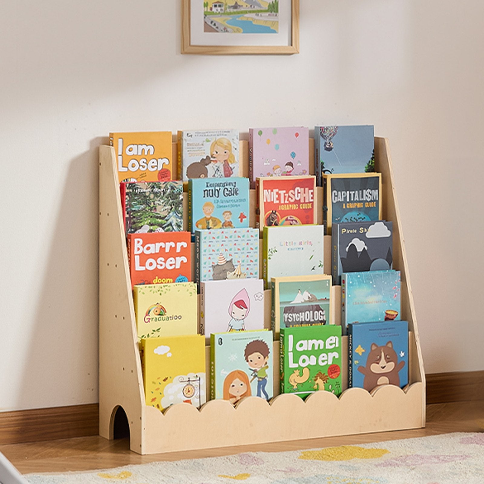 5-Tier Montessori Kids Bookshelf with Scalloped Design, Dual Backpack Hooks, Ideal for Toddlers' Rooms, Preschools, Nurseries, and Entryways