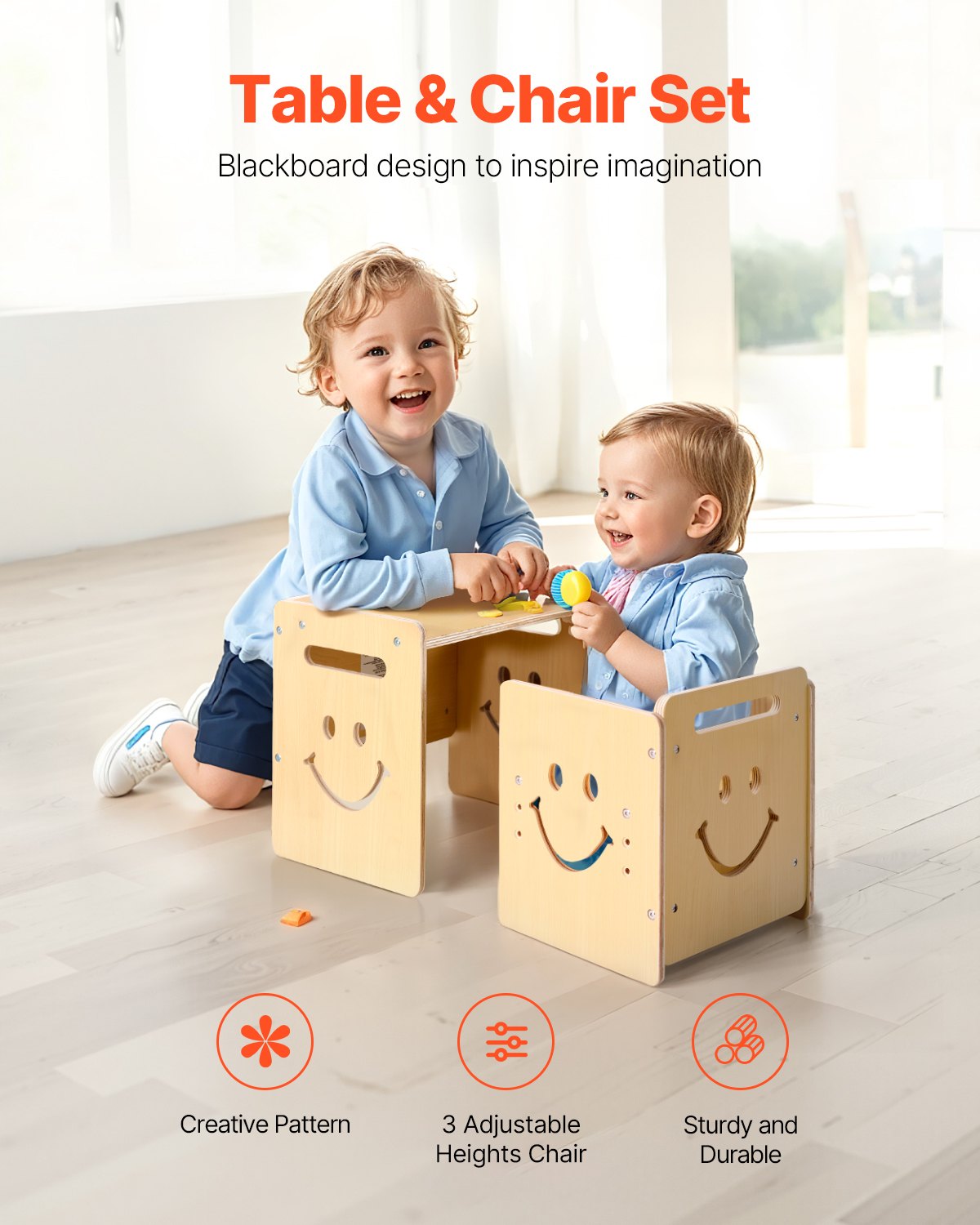 Montessori Adjustable Weaning Table & Chair Set with Chalkboard - 3-in-1 Wooden Toddler Furniture for Drawing, Reading, Eating, Ages 1-5, Natural Wood Finish