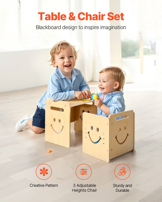 Montessori Adjustable Weaning Table & Chair Set with Chalkboard - 3-in-1 Wooden Toddler Furniture for Drawing, Reading, Eating, Ages 1-5, Natural Wood Finish