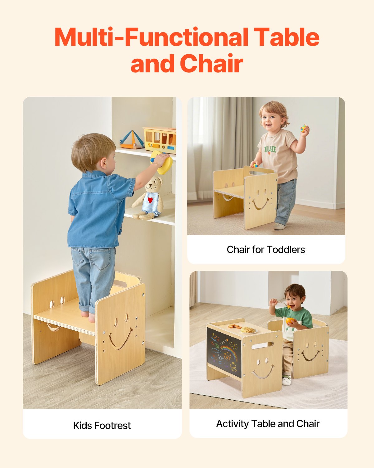 Montessori Adjustable Weaning Table & Chair Set with Chalkboard - 3-in-1 Wooden Toddler Furniture for Drawing, Reading, Eating, Ages 1-5, Natural Wood Finish