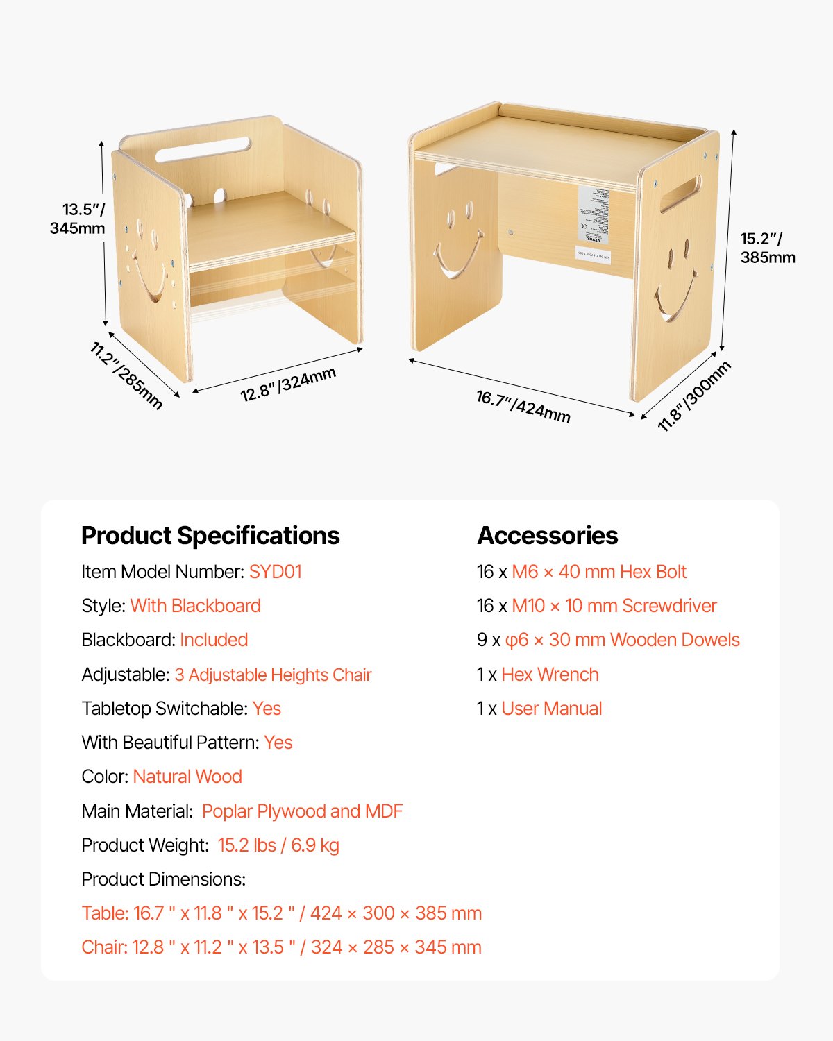 Montessori Adjustable Weaning Table & Chair Set with Chalkboard - 3-in-1 Wooden Toddler Furniture for Drawing, Reading, Eating, Ages 1-5, Natural Wood Finish